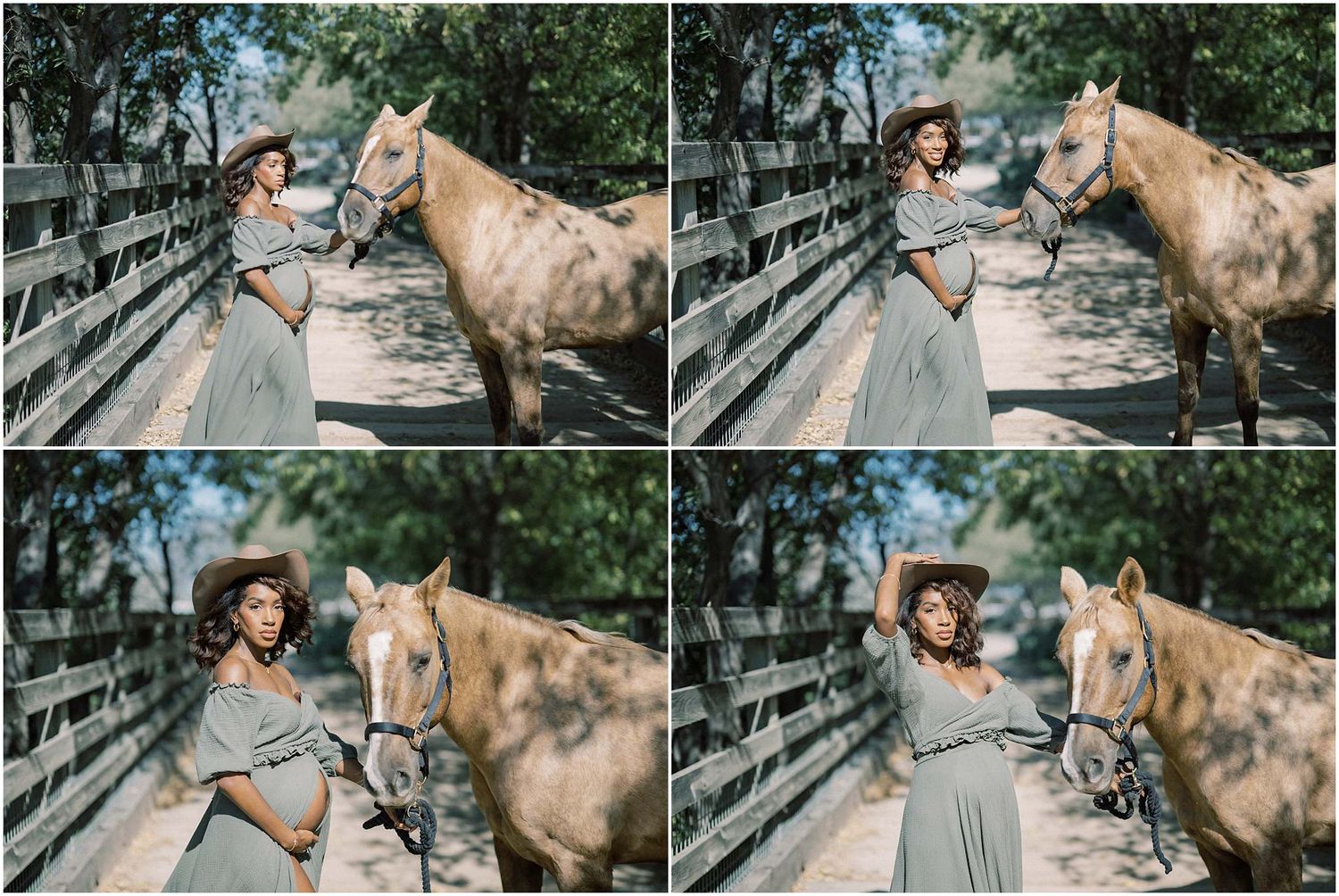Series of intimate photos showing interactions with a palomino horse on a sunny day.