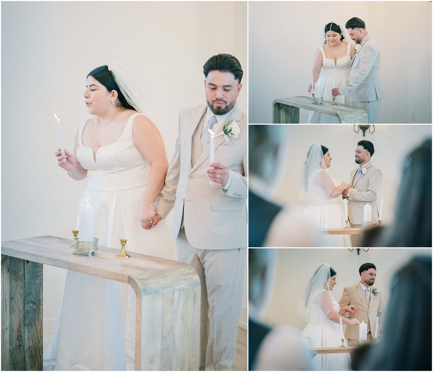 Wedding couple shares tender moments during indoor ceremony with soft lighting.