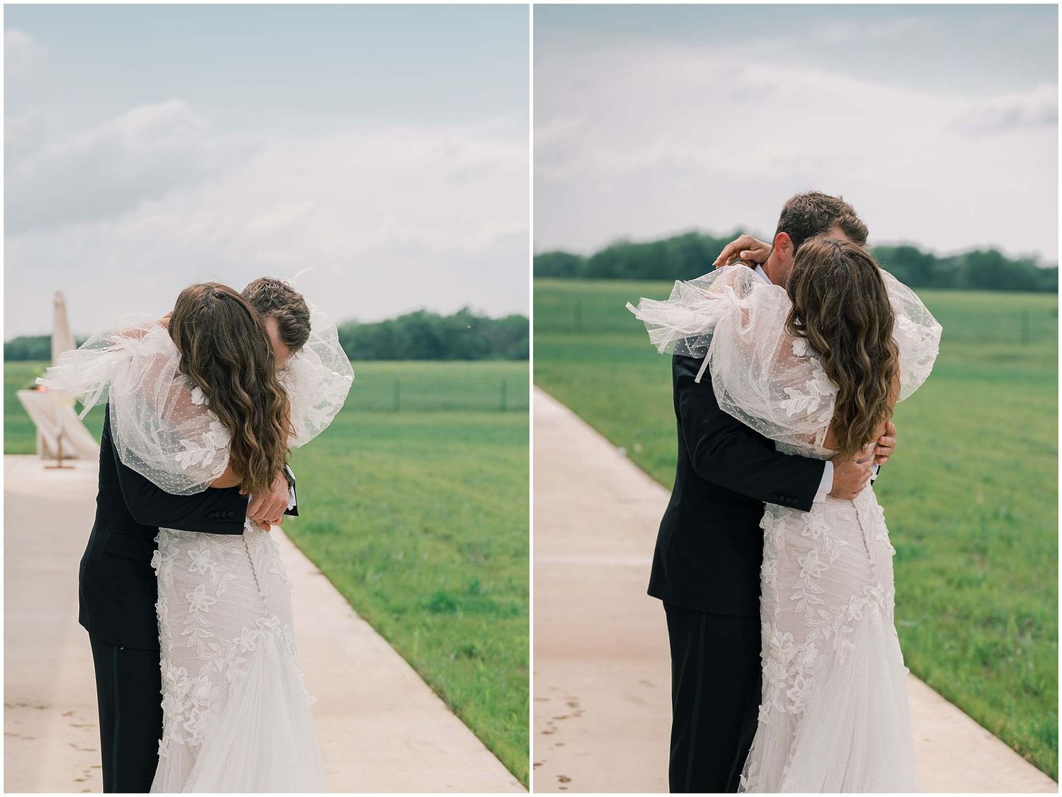 Wedding couple shares intimate moments on a pathway with lush green fields in the background.