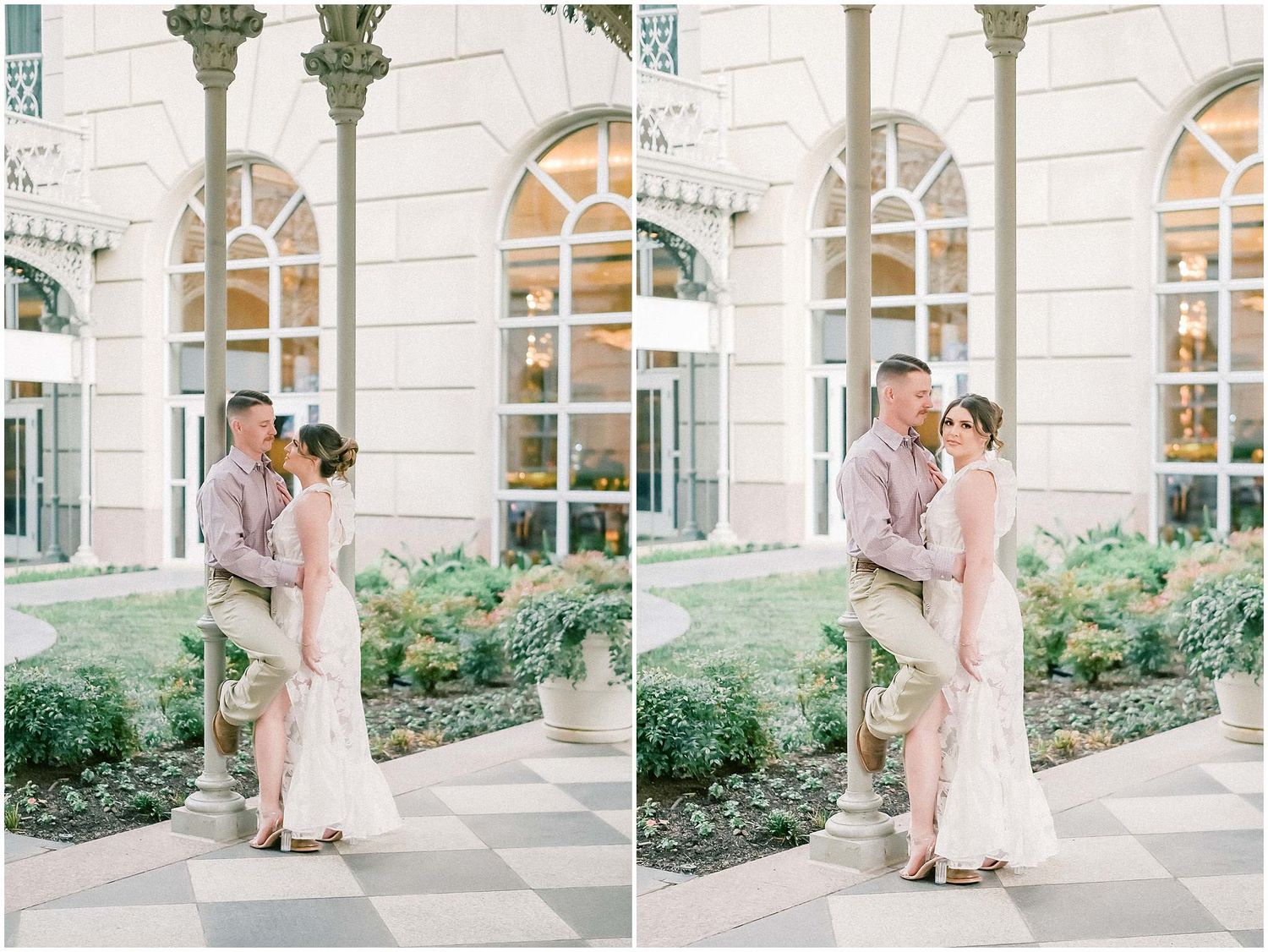 A romantic couple shares tender moments in a classic white columned courtyard with arched windows and lush greenery.