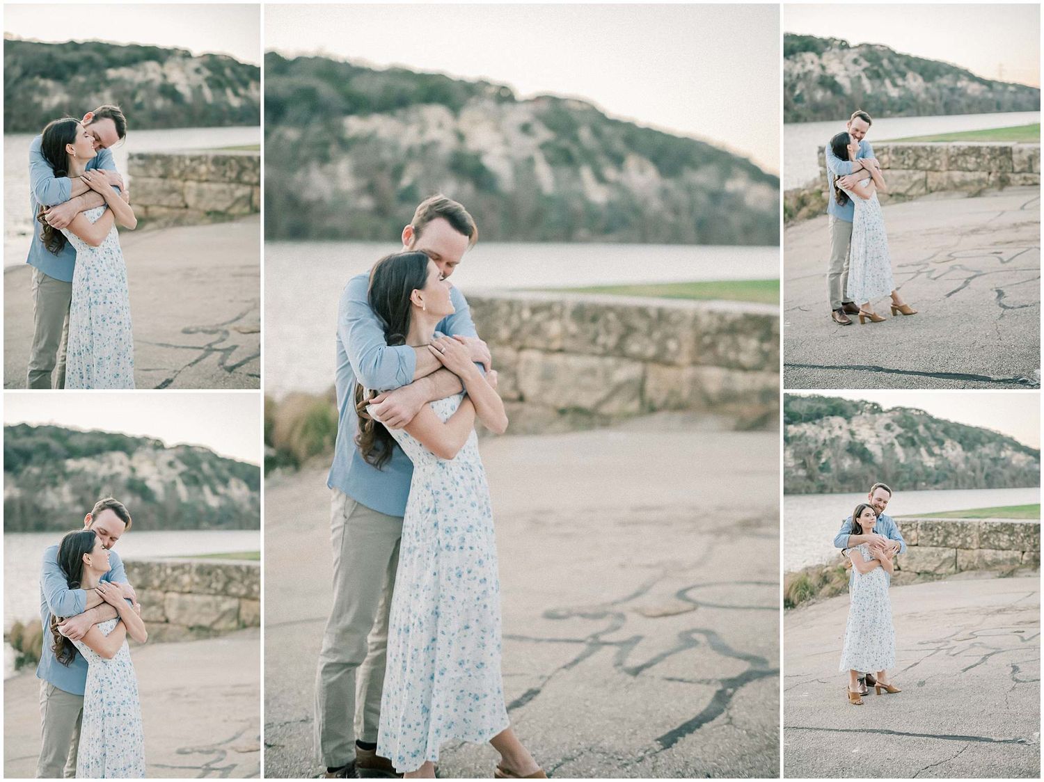 Couple shares tender moments on a sandy beach with cliffs in the background during sunset.