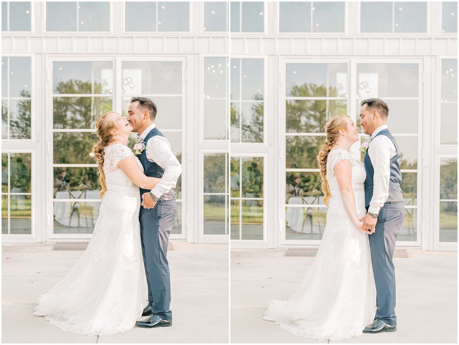 Newlyweds sharing intimate dance moments in front of large windows at their wedding reception.