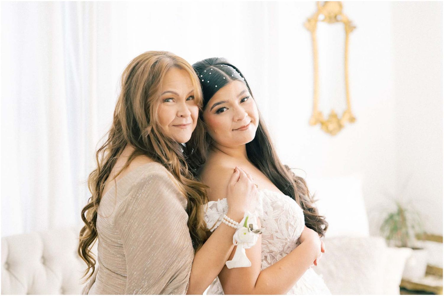 Light and airy bridal preparation room with soft natural lighting and elegant decor.