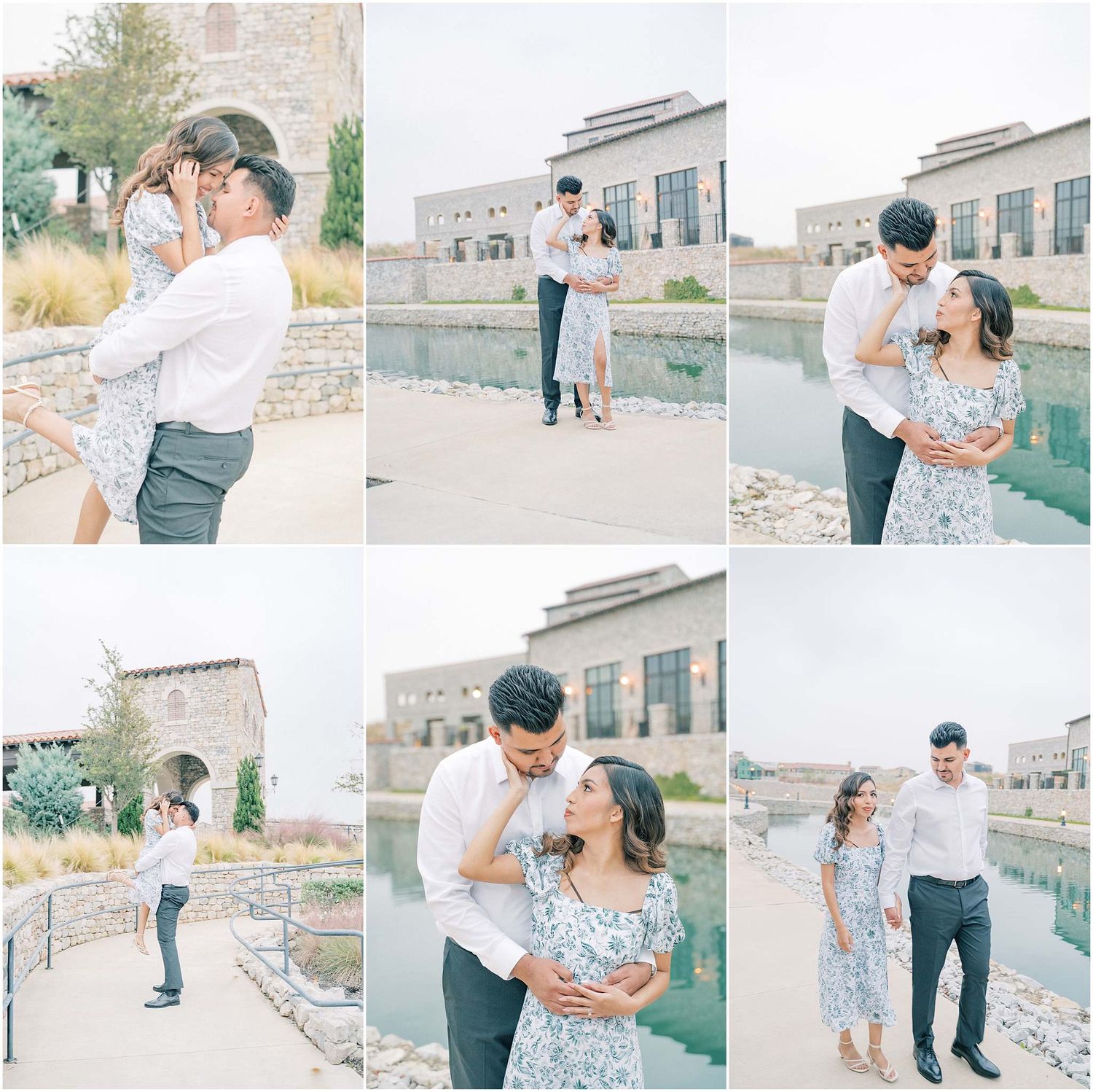 Series of candid romantic moments captured between couple at outdoor waterfront location.