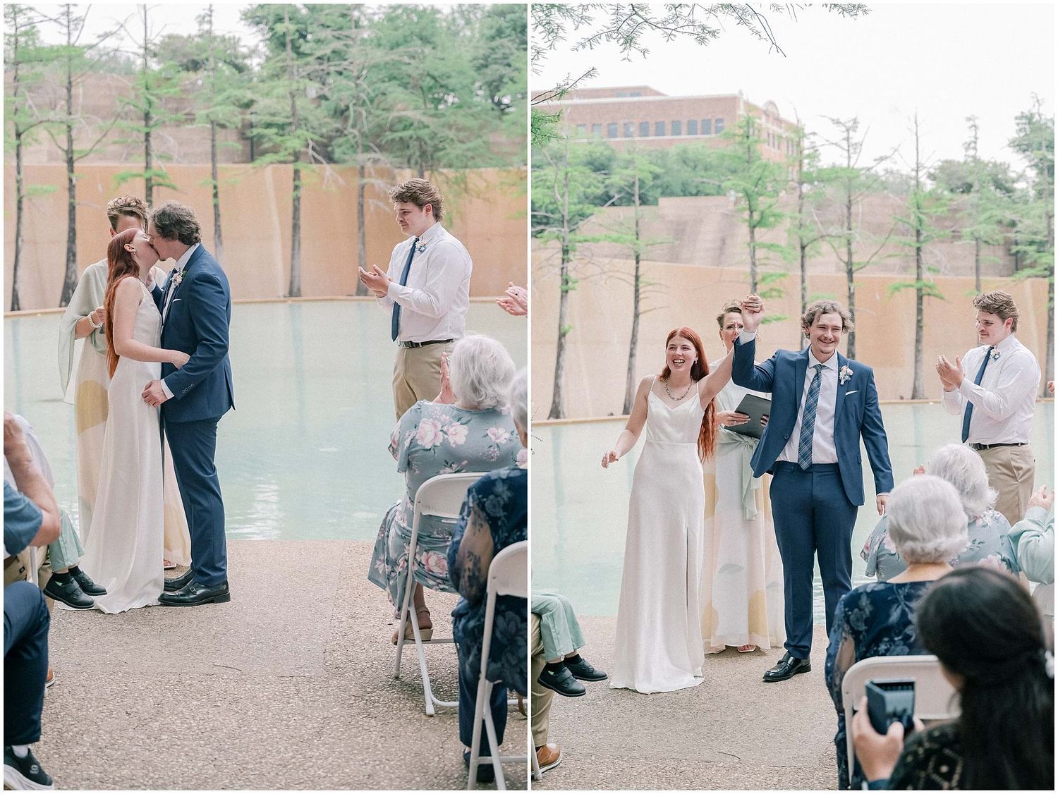 An outdoor ceremony takes place at the Fort Worth Water Gardens with guests seated on chairs.