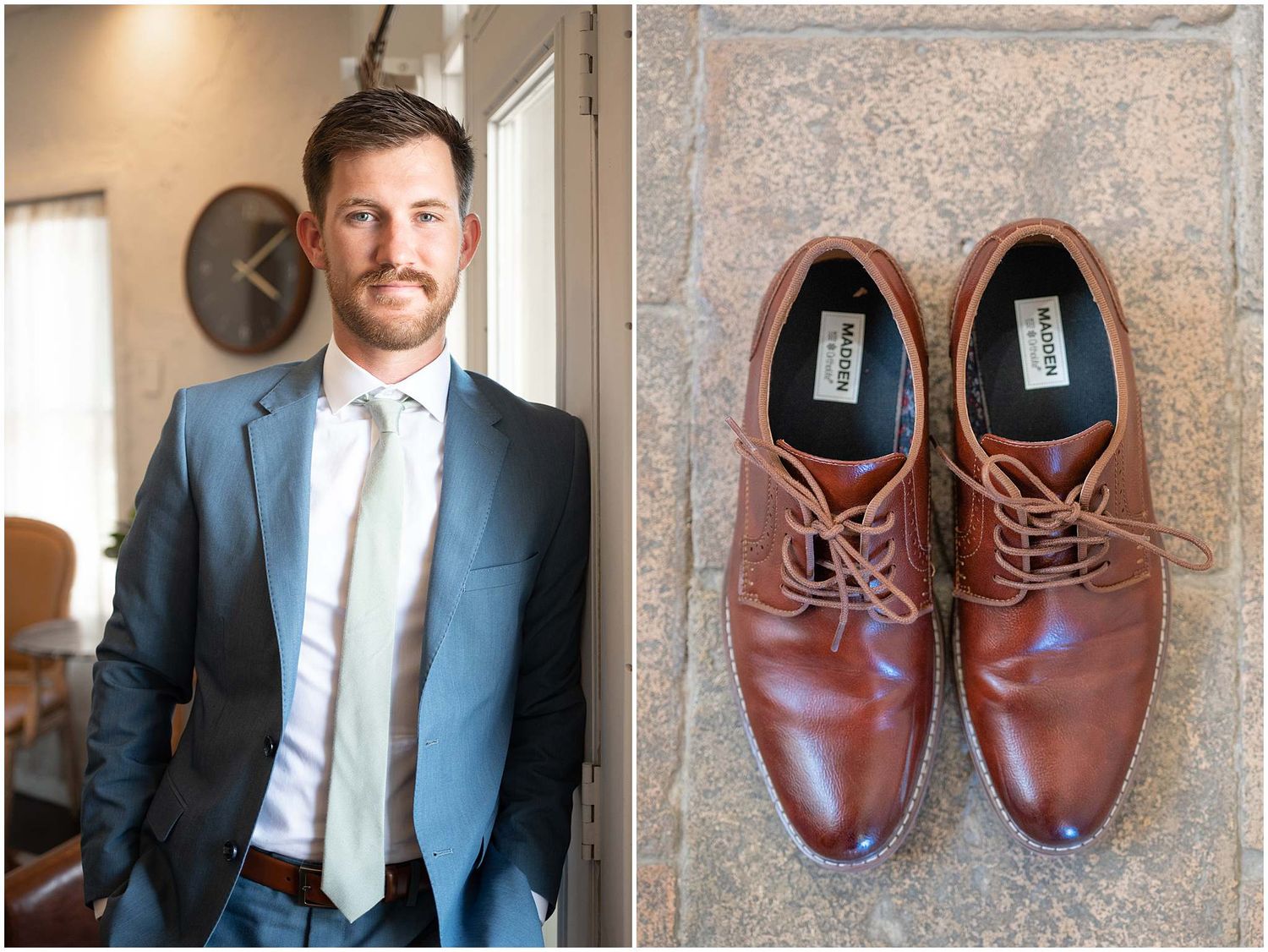 Brown leather dress shoes and formal menswear details from a wedding day photoshoot.