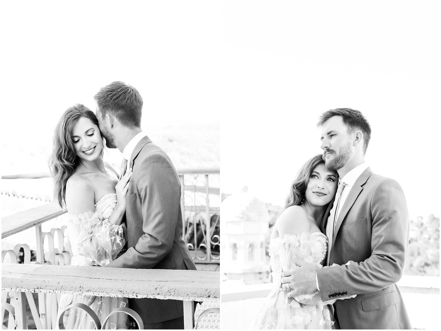 Black and white photos capture intimate moments between a couple on a balcony.