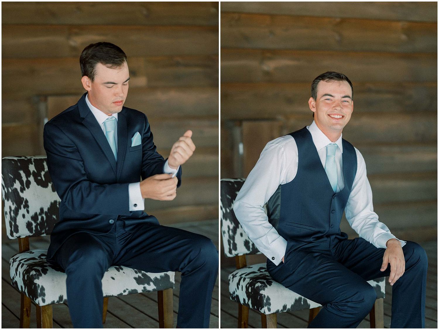 A groom in formal attire sits on a cowhide bench against a rustic wooden wall.