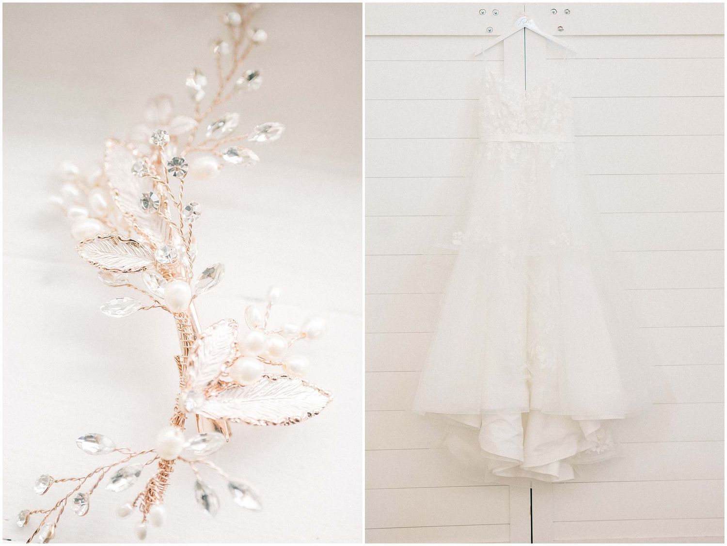 Elegant white wedding dress details shown in multiple angles highlighting delicate lace and tulle fabric details.