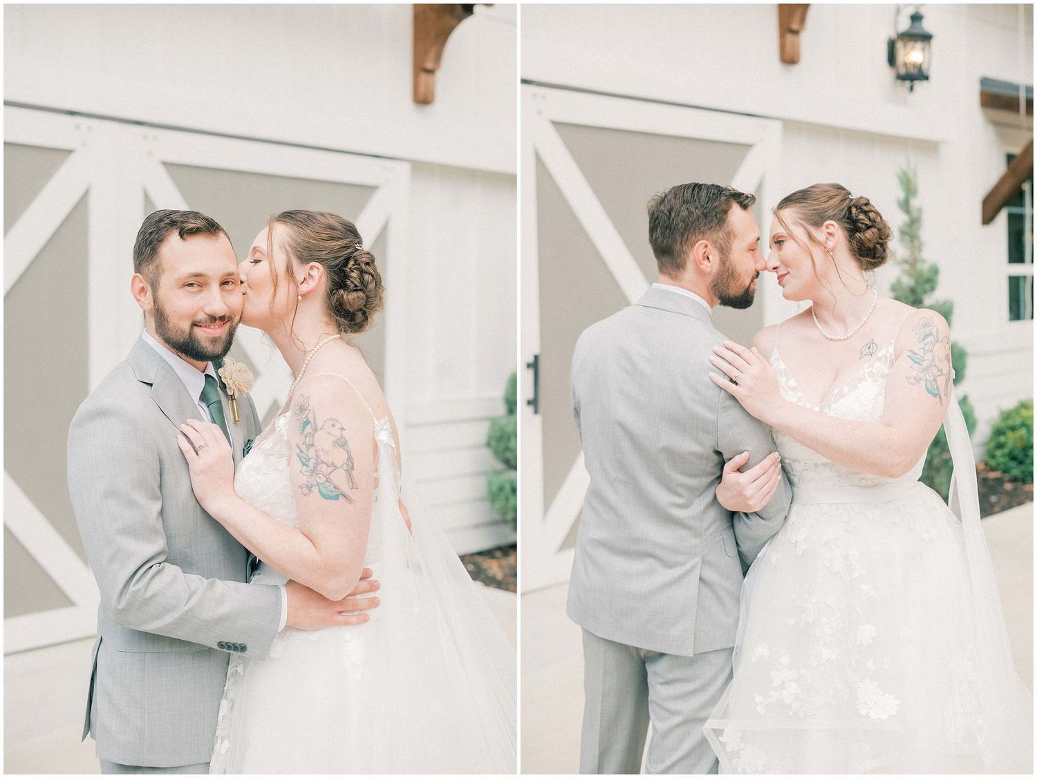 A series of romantic wedding photos showing a couple embracing and kissing in front of a white building exterior.