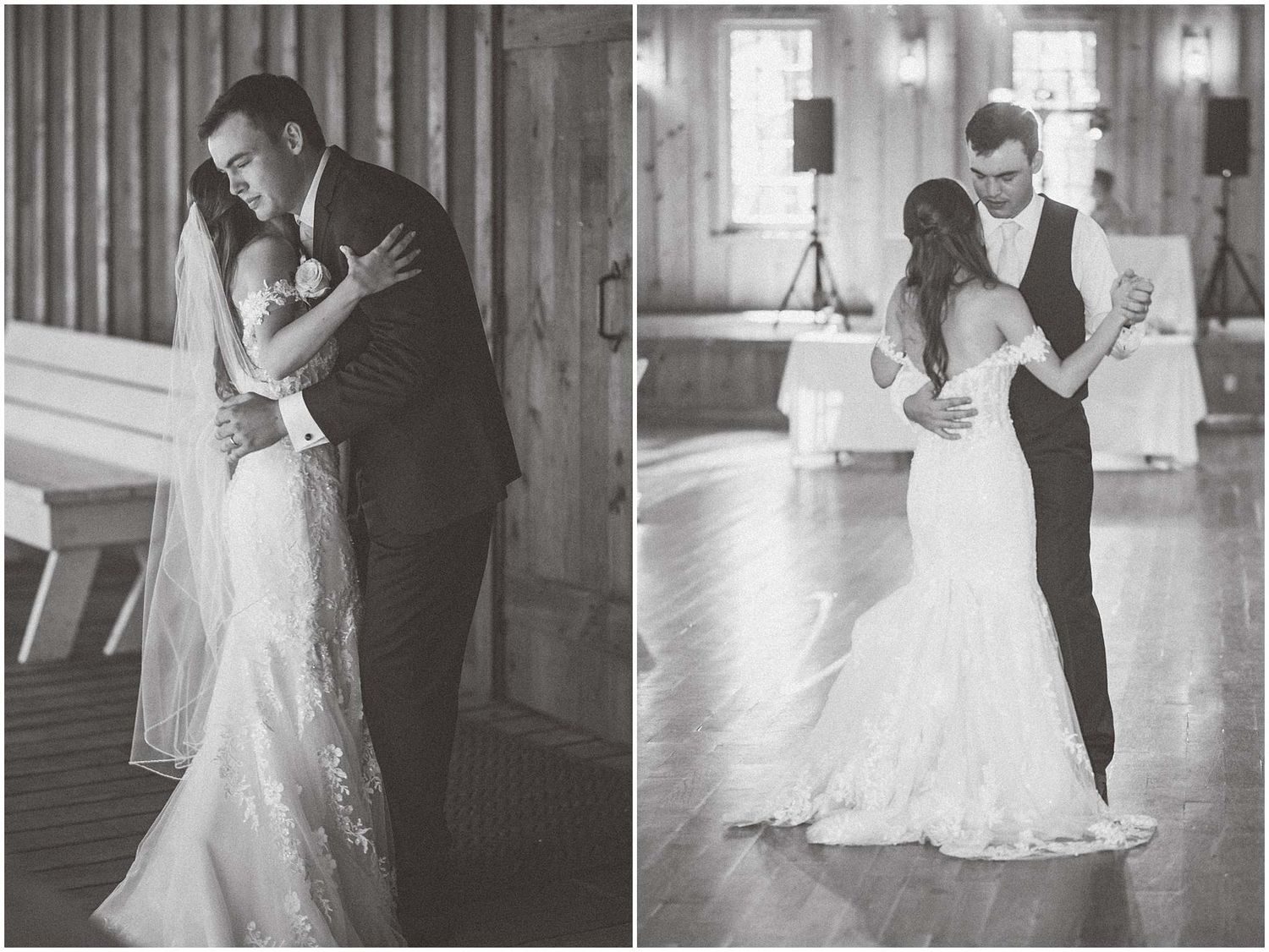 A romantic black and white split photo of a couple sharing their first dance at an elegant wedding reception.