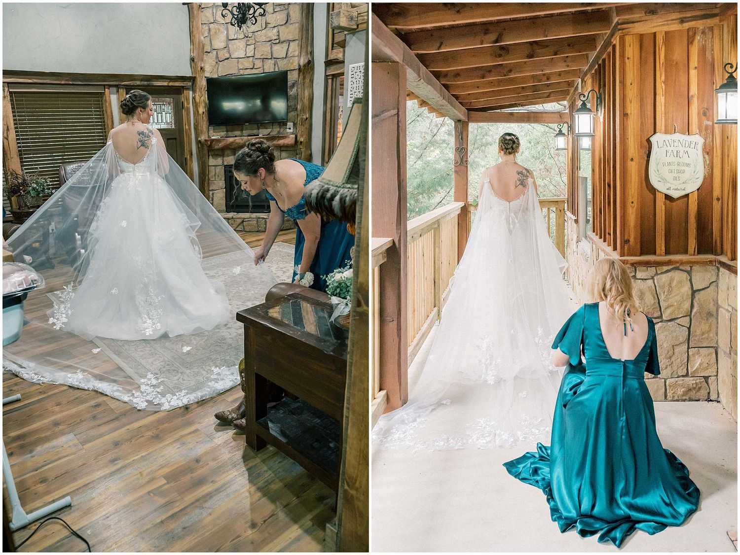 A white wedding dress and teal bridesmaid dress create a striking contrast in a rustic wooden venue setting.