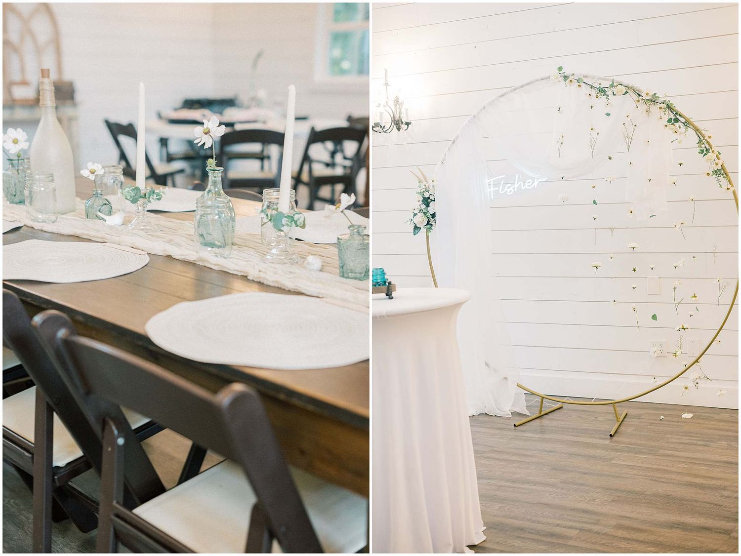 Wedding reception tables decorated with white linens, greenery, and glass vases in an elegant rustic setting.