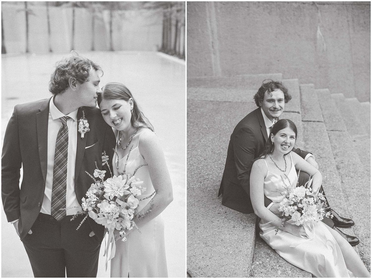 Black and white wedding photography series capturing romantic moments between newlyweds.