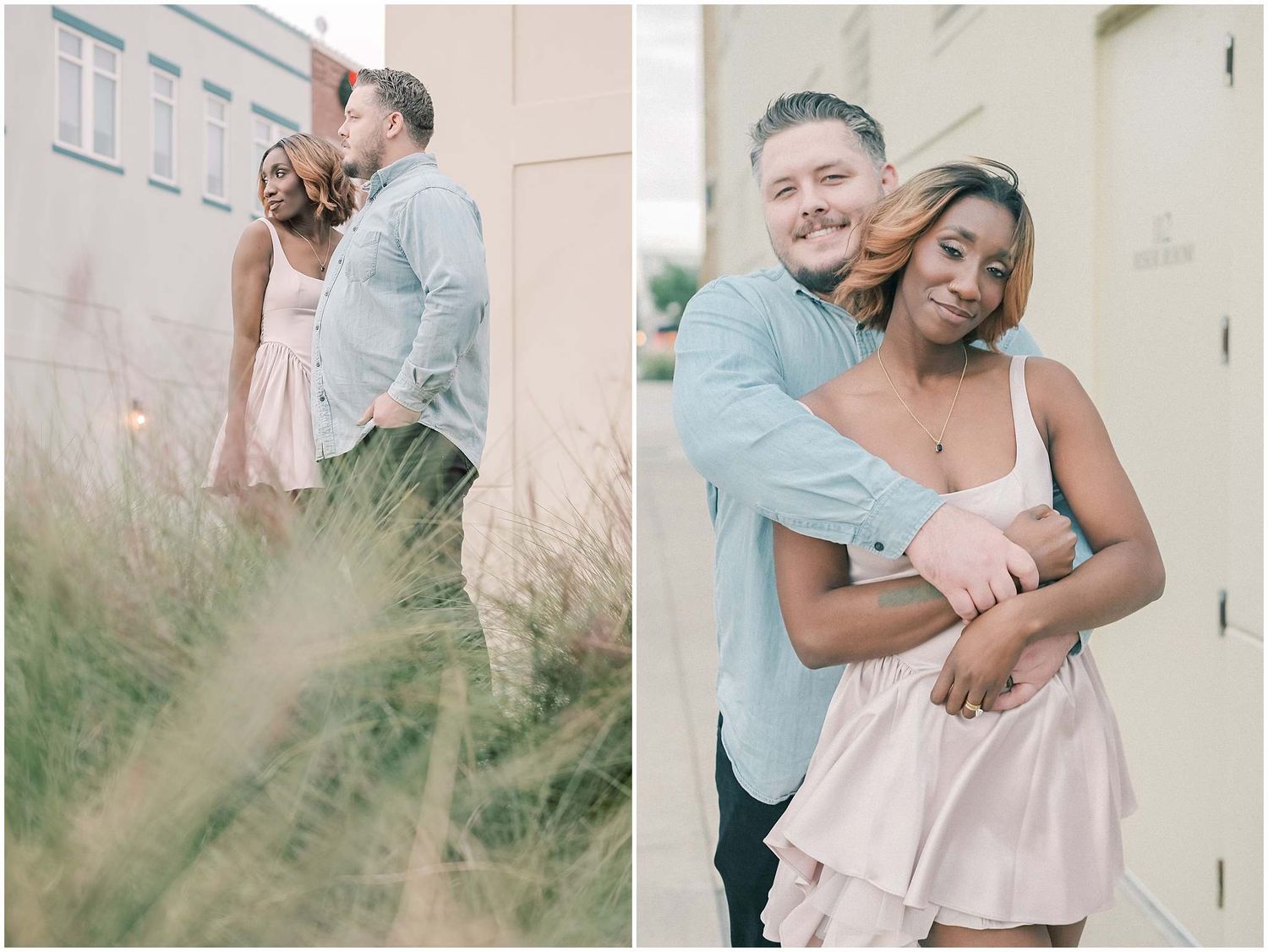 A romantic couple shares tender moments together in a series of outdoor portrait photographs.
