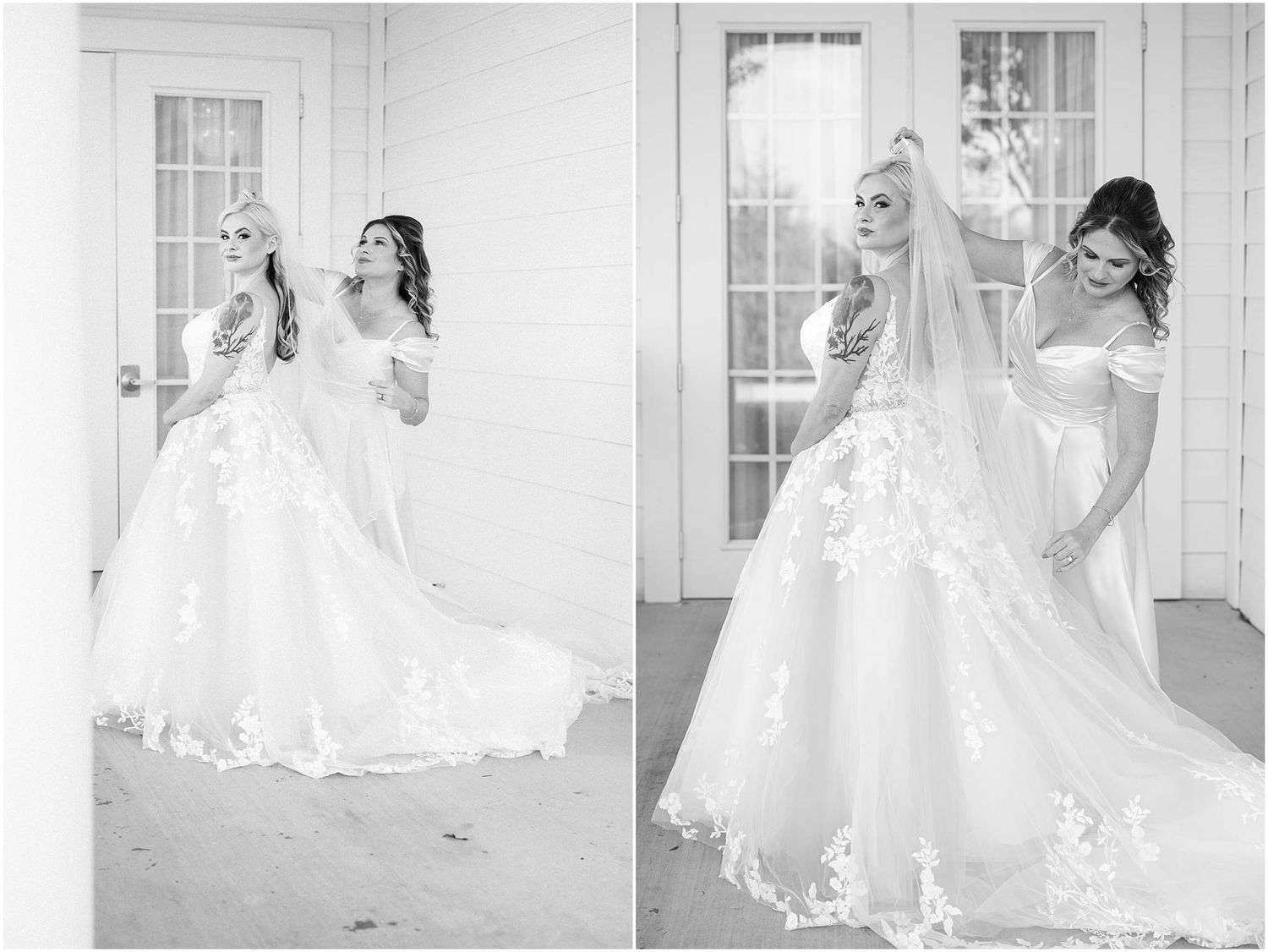 Black and white photos showcasing the movement and details of a wedding gown.