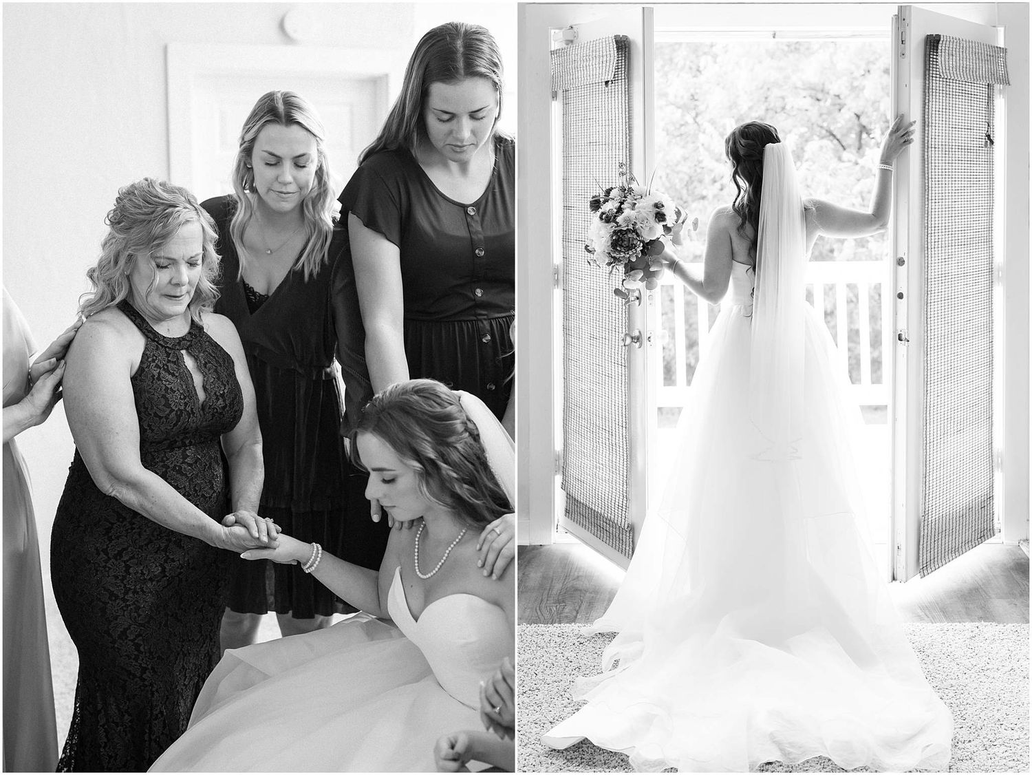Bridal party helps bride get ready in elegant white room with natural lighting.