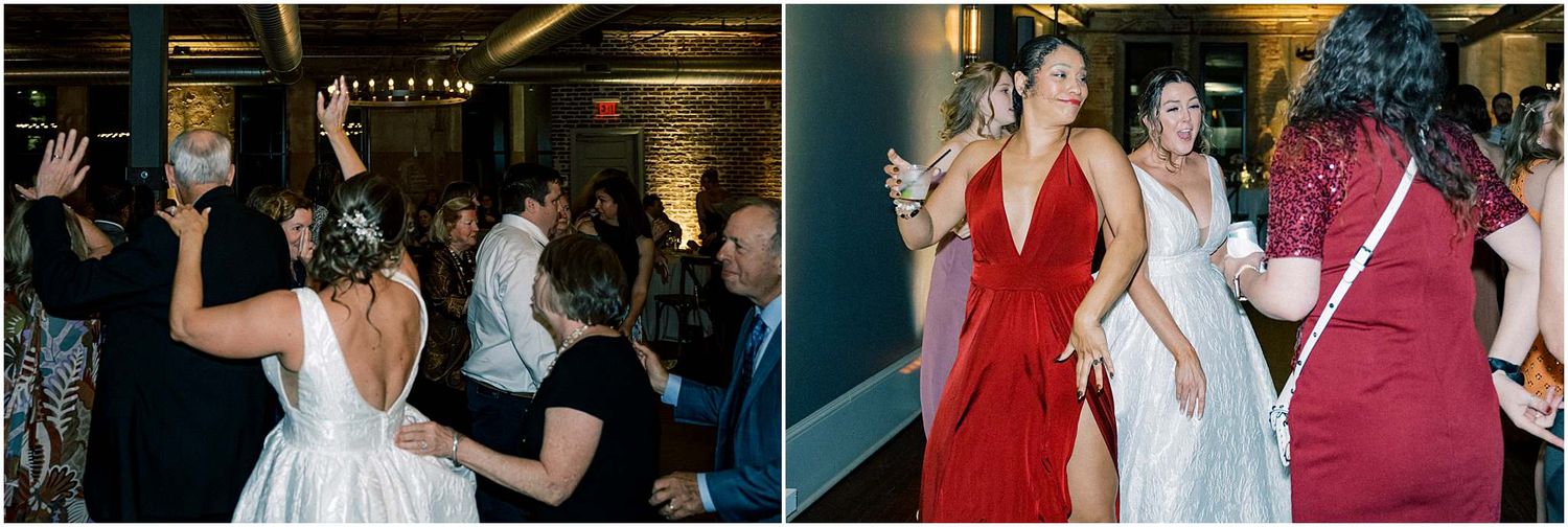 Guests enjoying themselves on a dance floor at an indoor wedding celebration.
