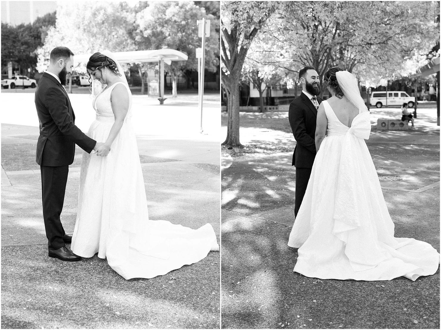 Black and white series capturing tender moments during an outdoor wedding ceremony.