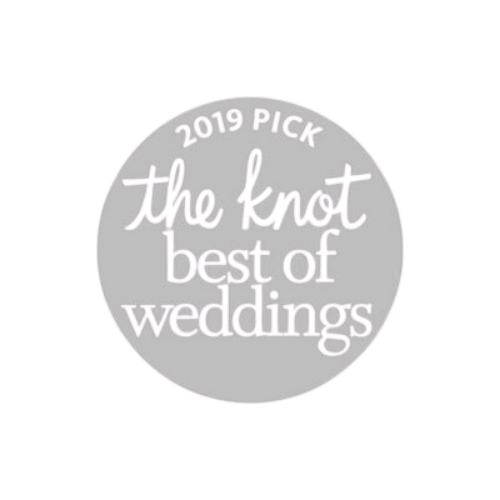 Professional wedding service badges including The Knot and 2019 Best Of award.