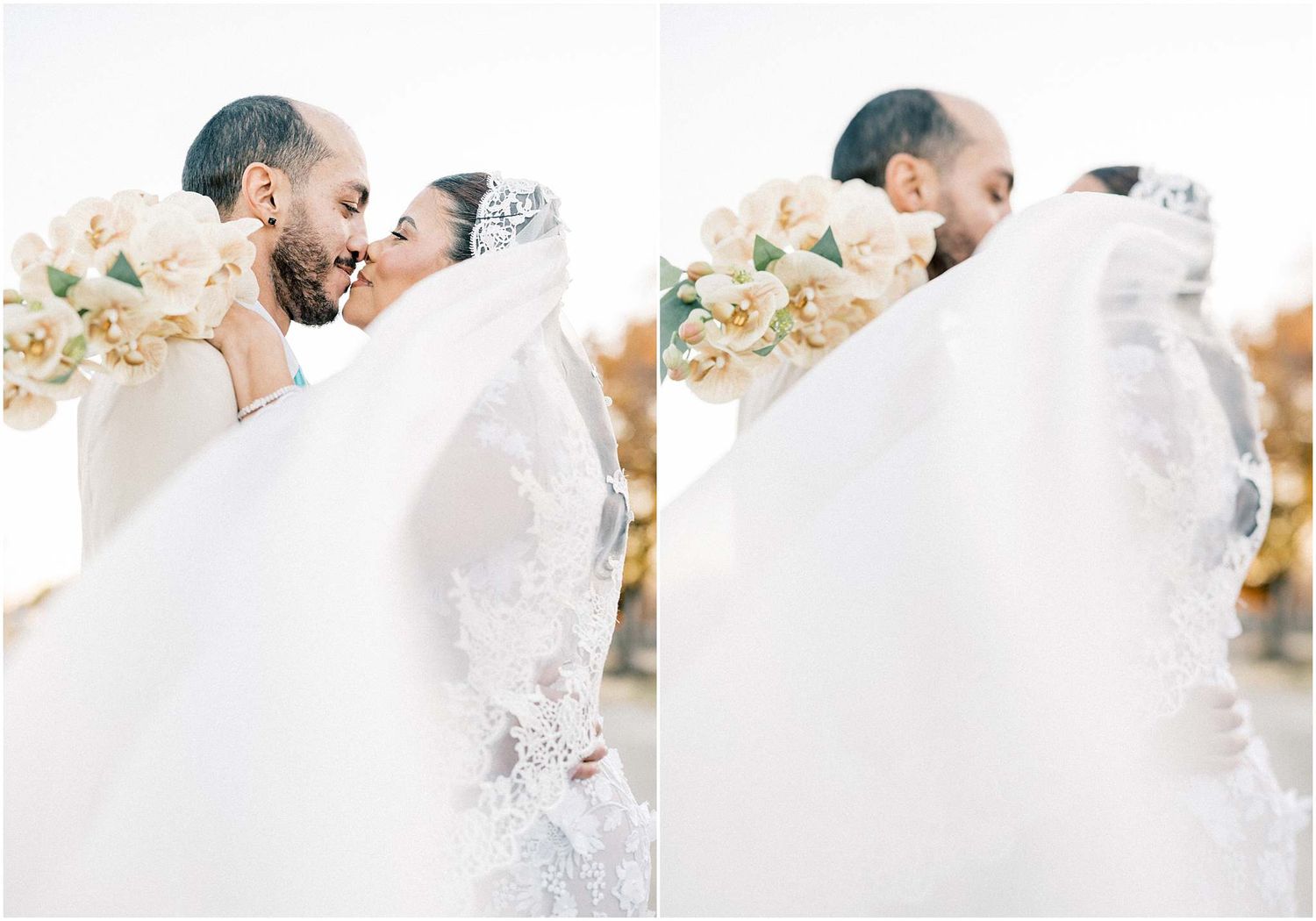 Romantic wedding portraits with flowing veil and peach-colored bouquet.