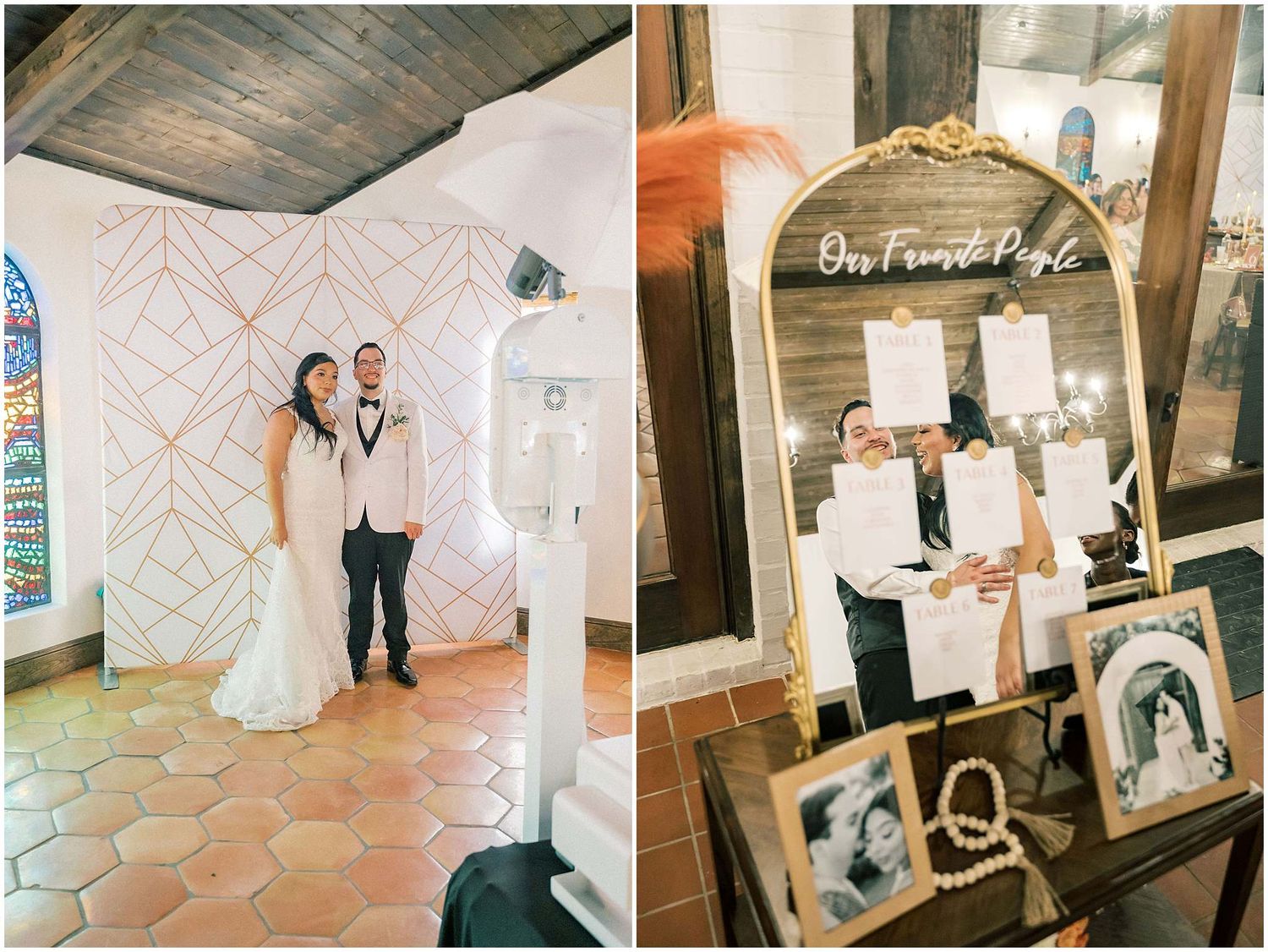 Wedding ceremony and reception moments inside rustic venue with wooden beams.