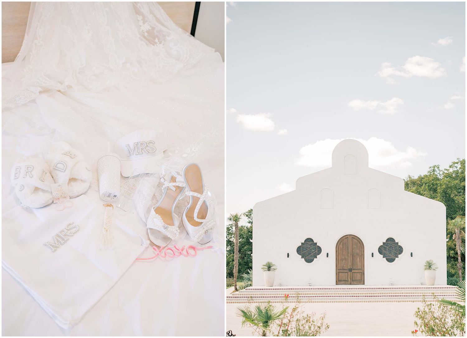 White mission-style church exterior with arched doorways and palm trees against a blue sky.