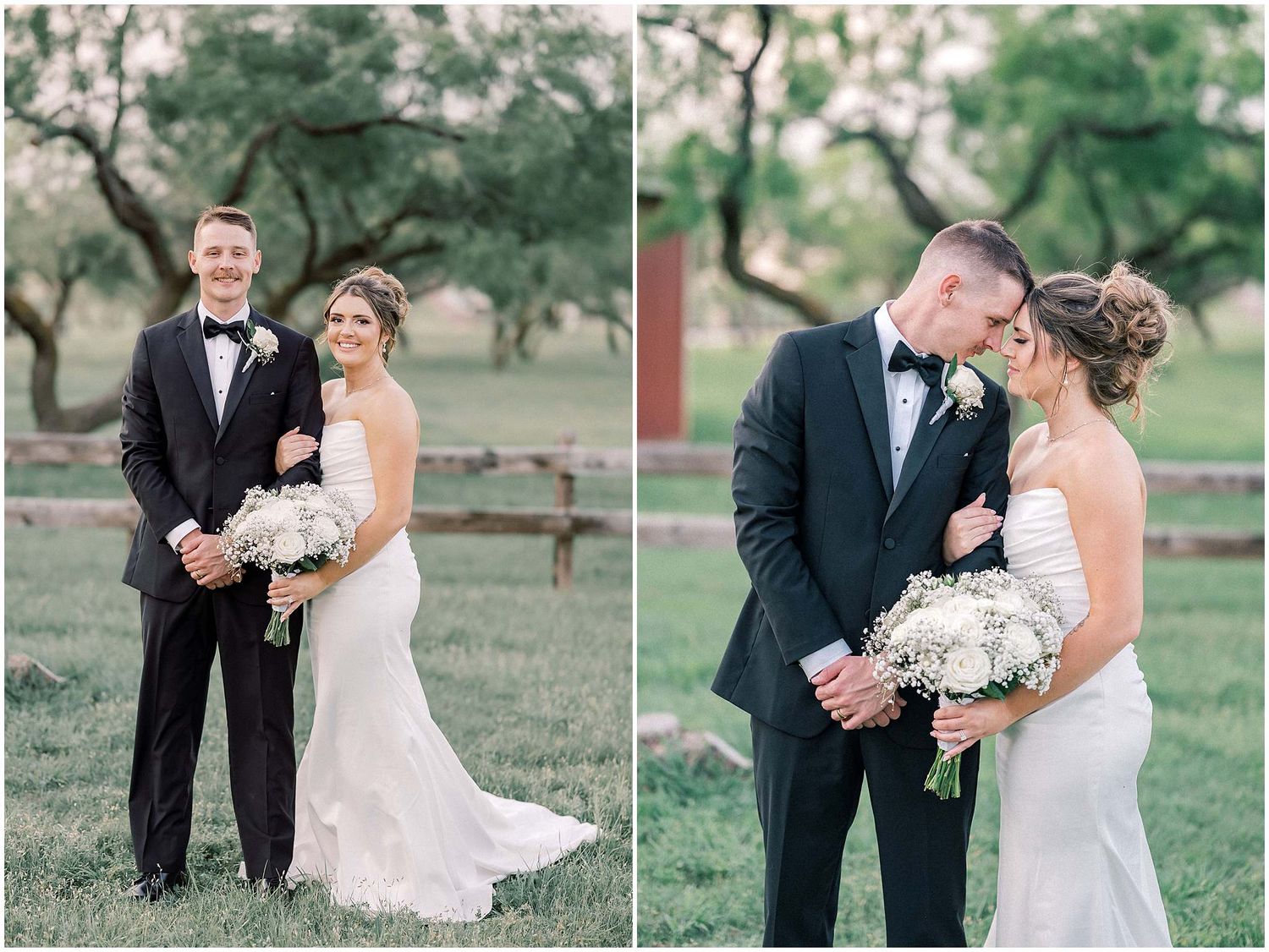 Newlyweds pose for romantic portraits in an outdoor garden setting with natural greenery.
