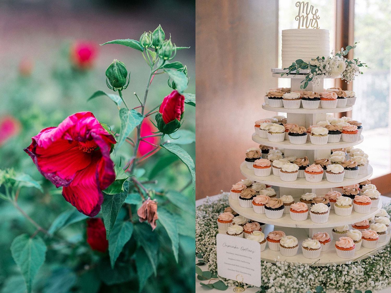 Multi-tiered wedding cake display with red roses and decorative cupcakes arranged on stands.