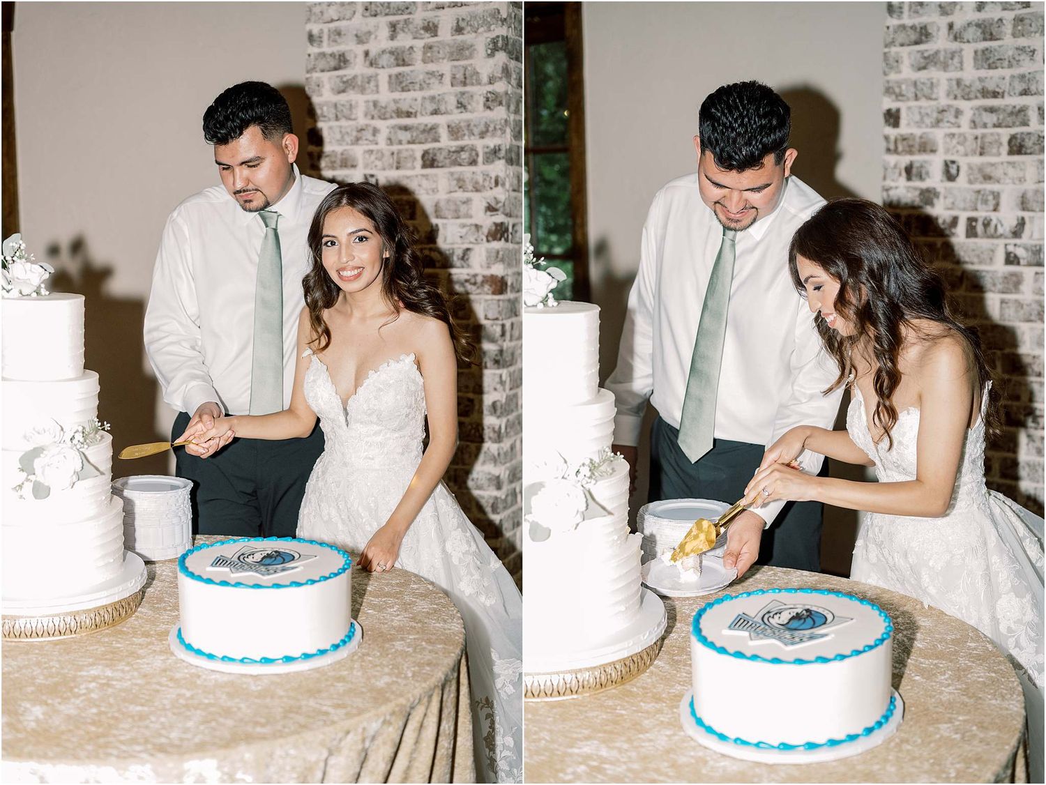 Series of photos showing a couple cutting their wedding cake decorated with blue trim.
