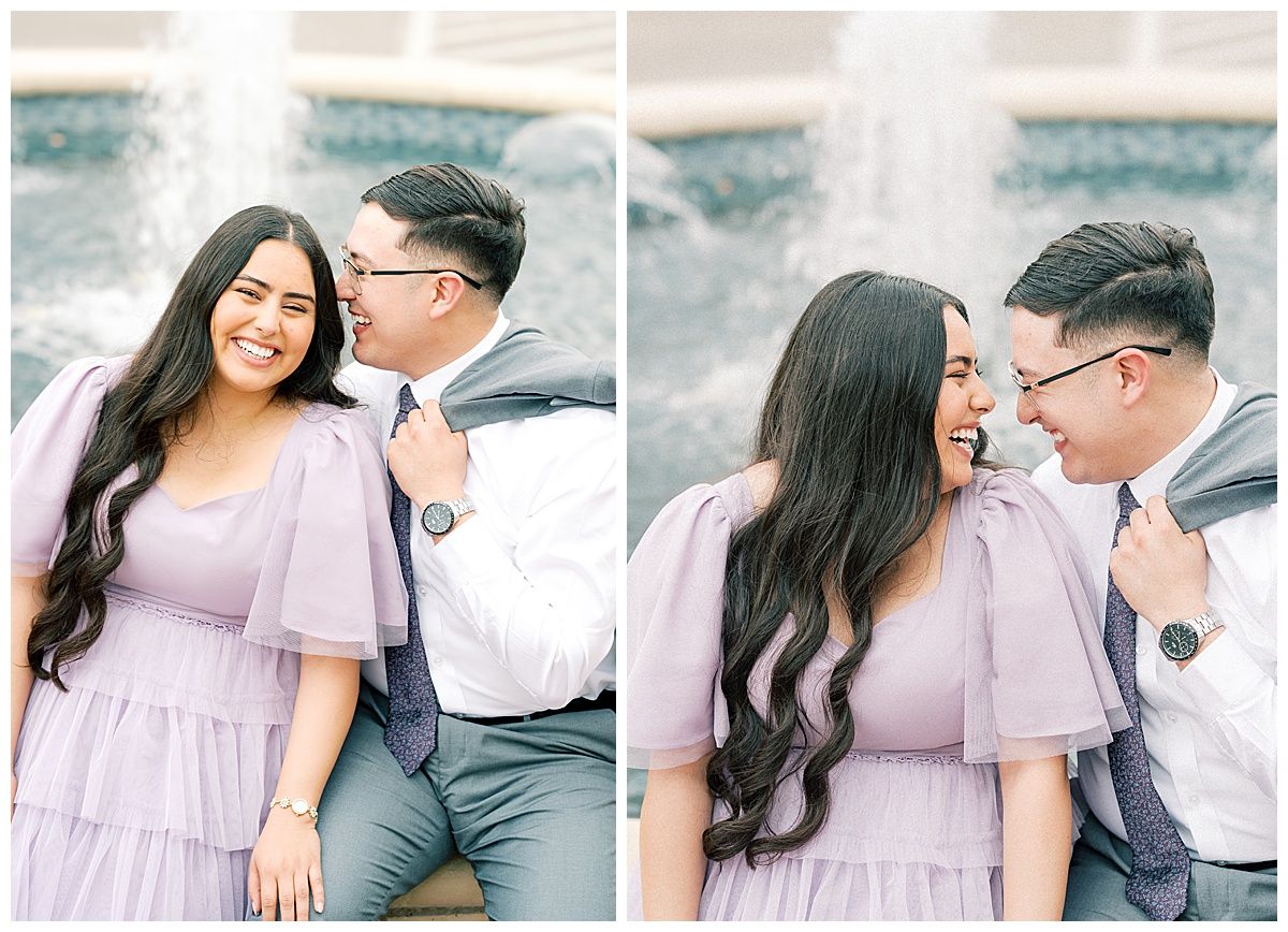 Romantic couple's portrait session featuring soft lavender dress and coordinated formal wear.