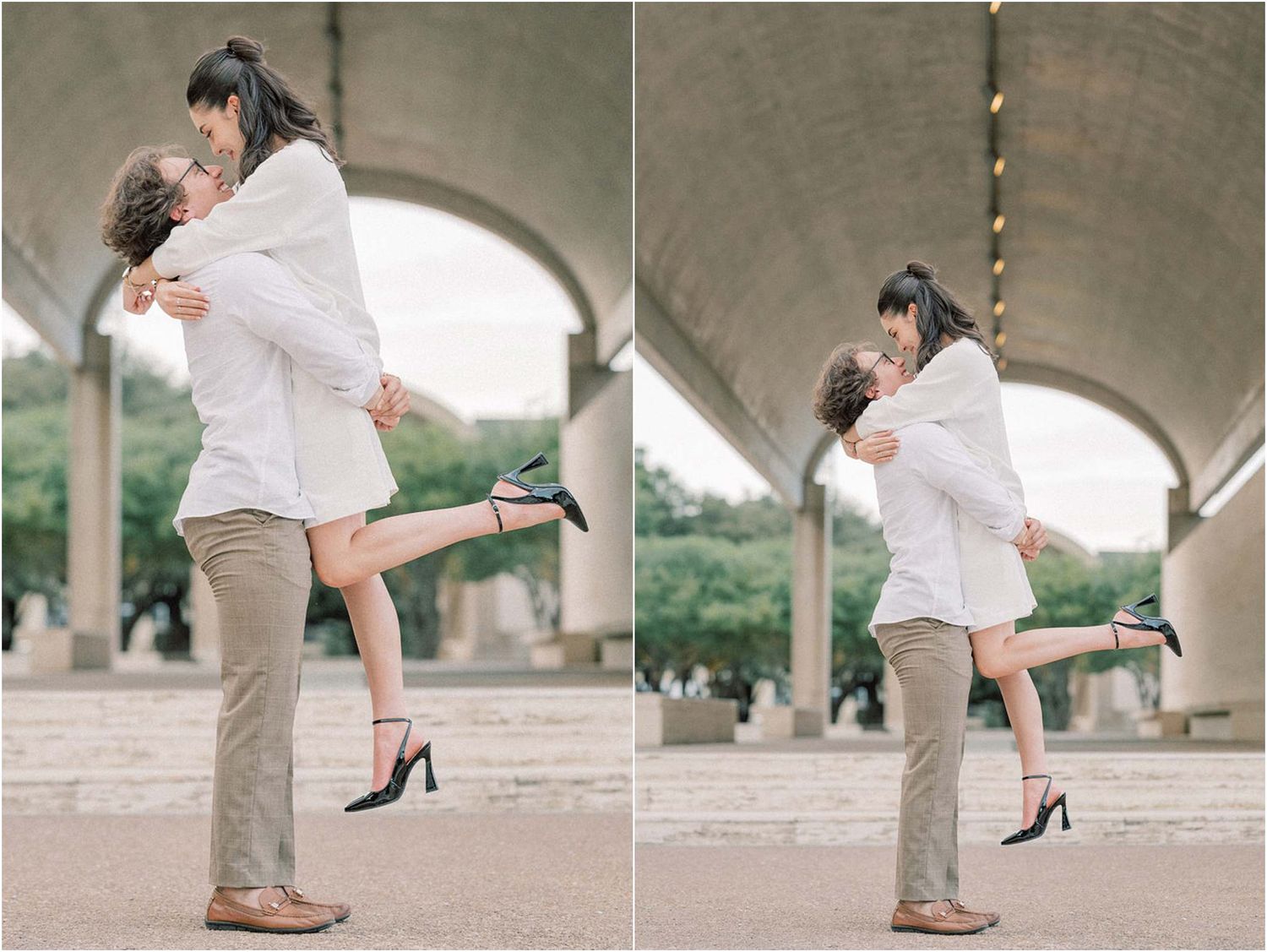 Playful engagement photo sequence under concrete archways and columns.