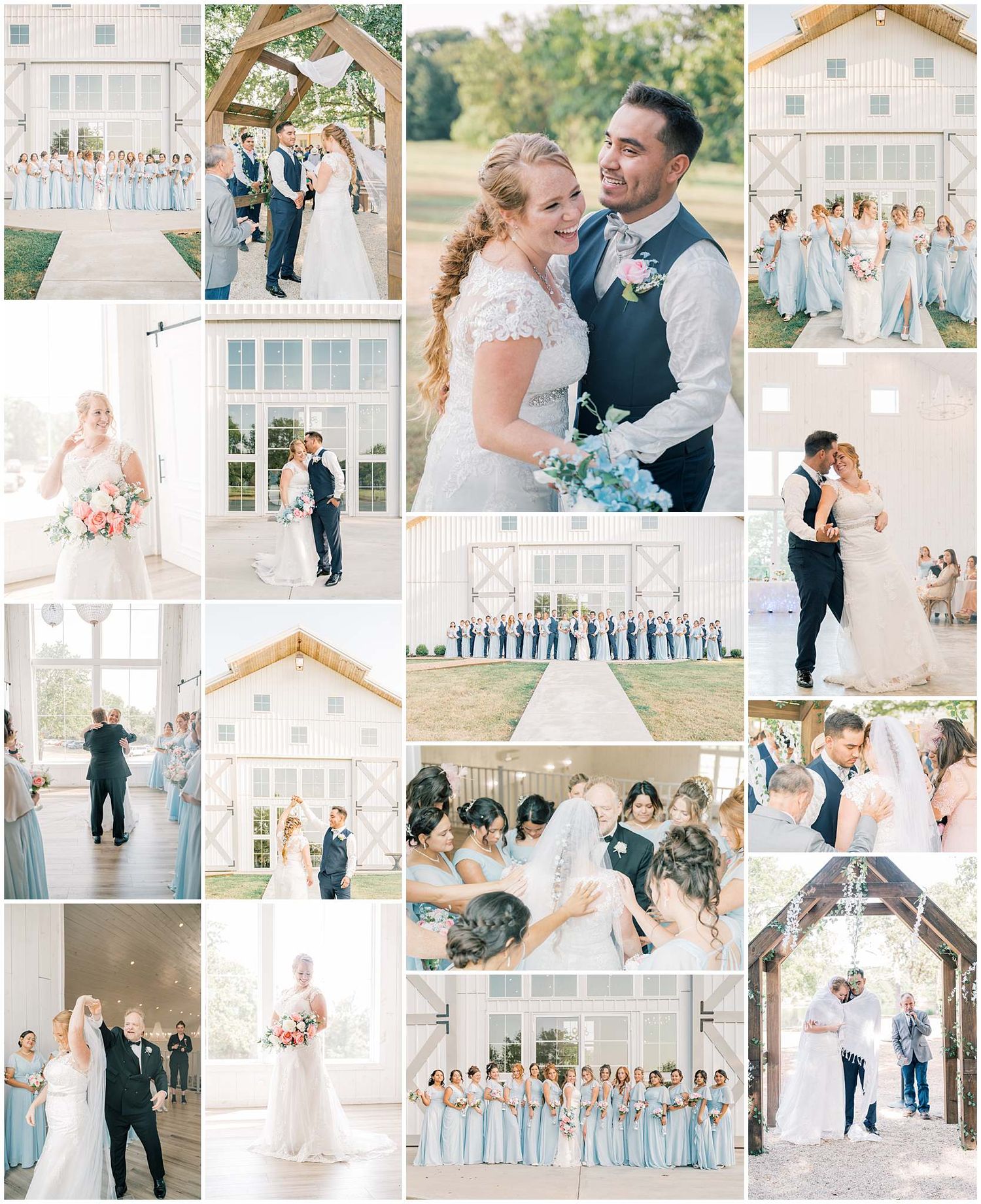 Wedding photo collage featuring ceremony, portraits and reception moments in soft pastel tones.