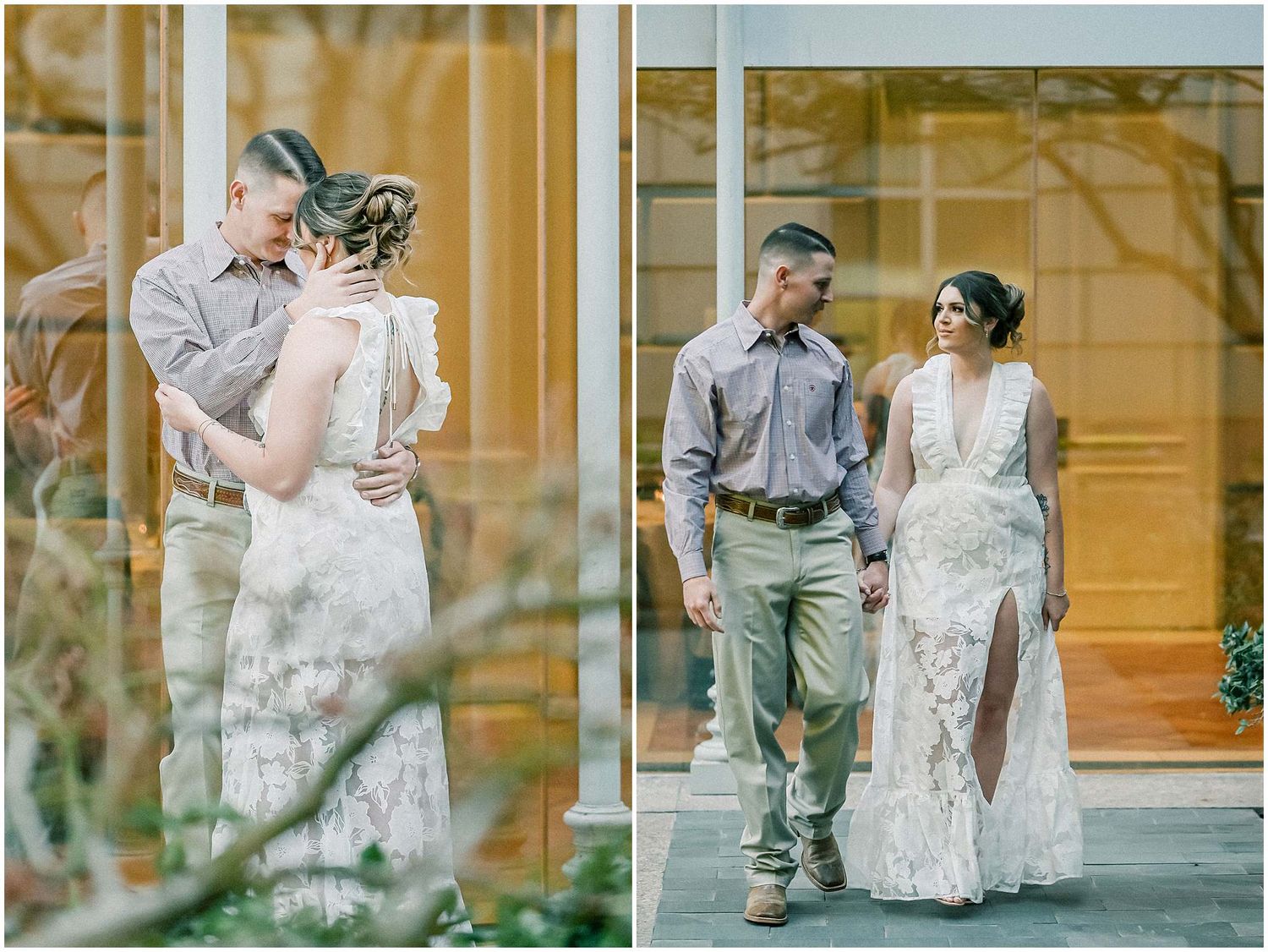 A romantic outdoor photo session showing a couple in elegant wedding attire near glass windows.