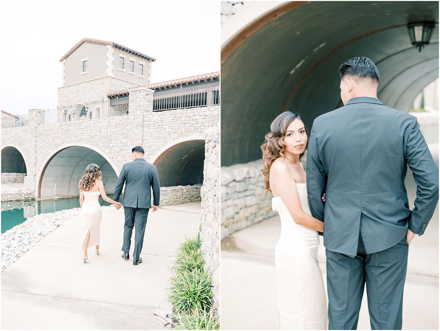 A romantic wedding couple walks through an elegant stone archway in a Mediterranean style venue.