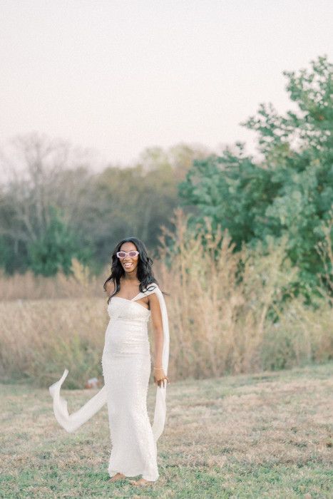 A series of dreamy bridal portraits showing movement in a flowing white dress against a natural outdoor setting.