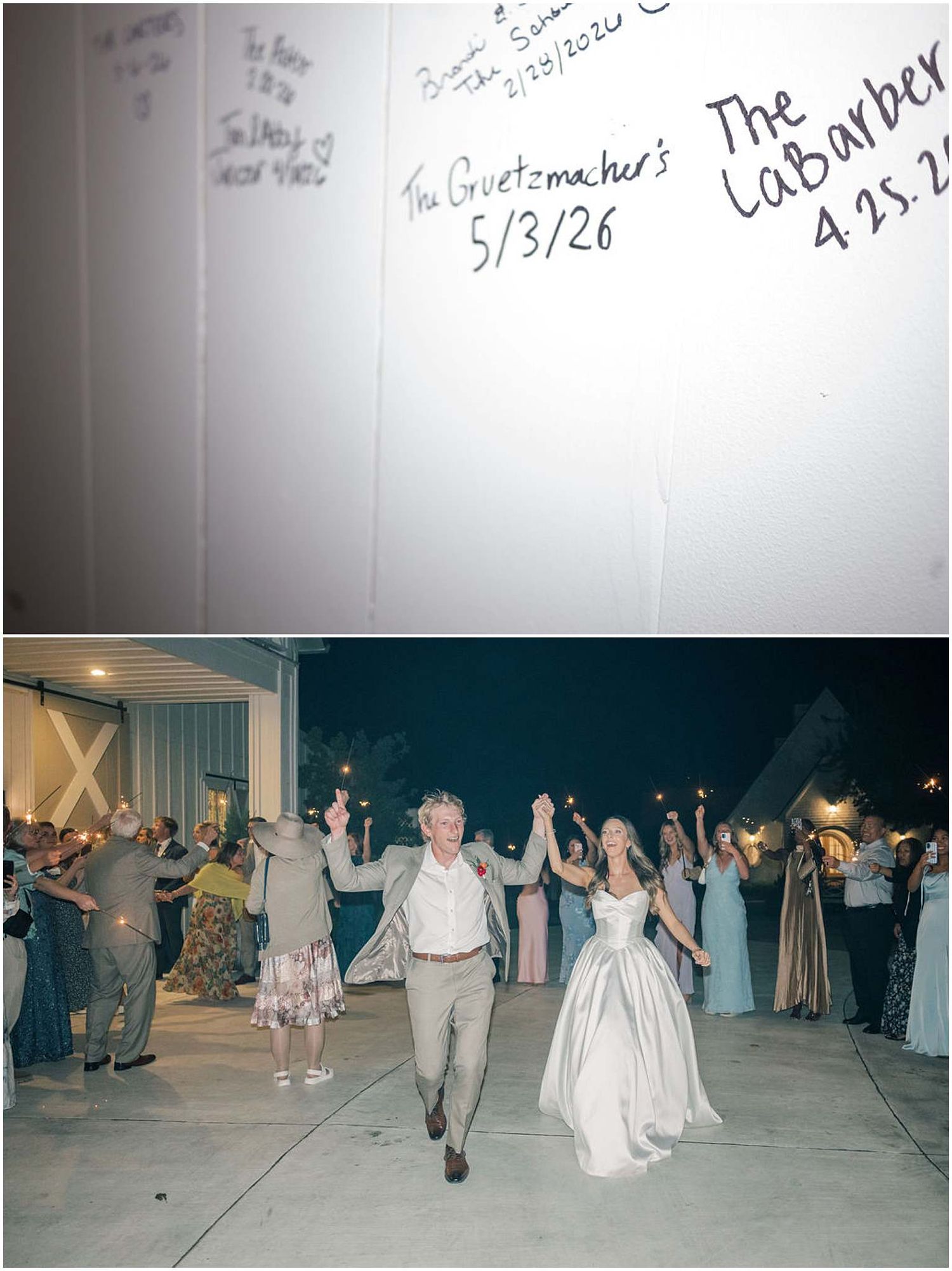 Newlyweds exit wedding venue through sparkler send-off at night, with signed guest book showing future wedding dates above.