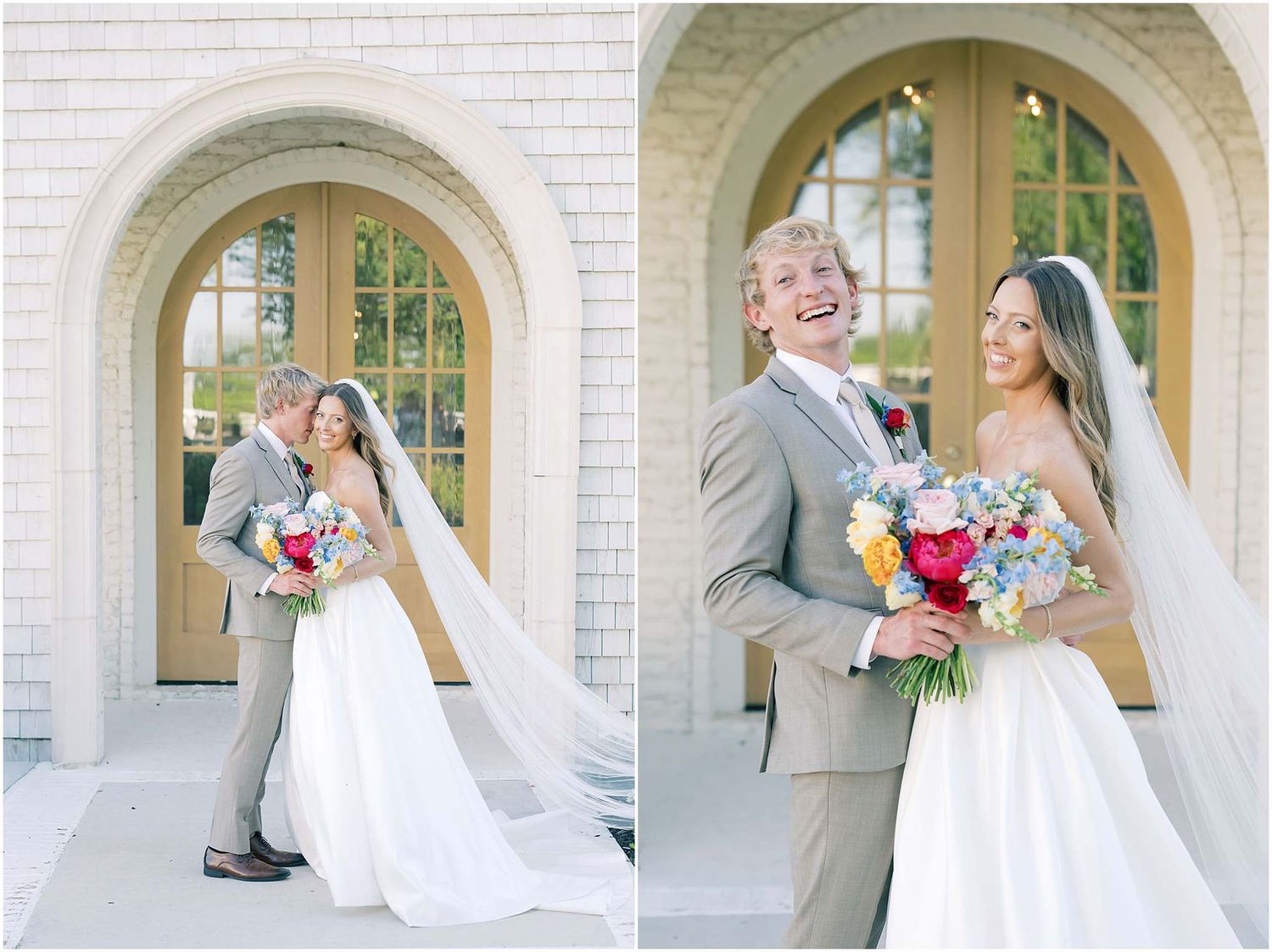 Bride and groom smiling together outside elegant arched church doors, bride holding colorful bouquet in white gown.