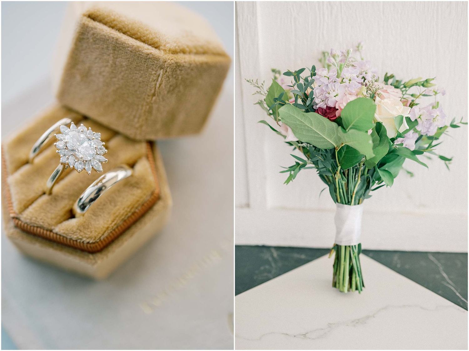 Wedding details including floral arrangements and ring boxes in soft pastel colors.