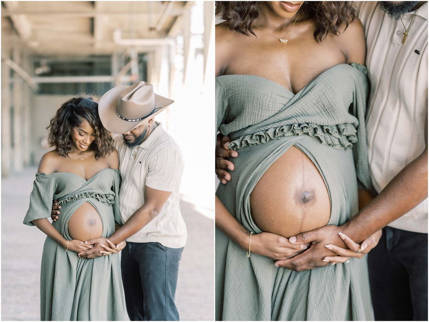 Intimate maternity photos showing hands cradling a baby bump in a sage green dress.