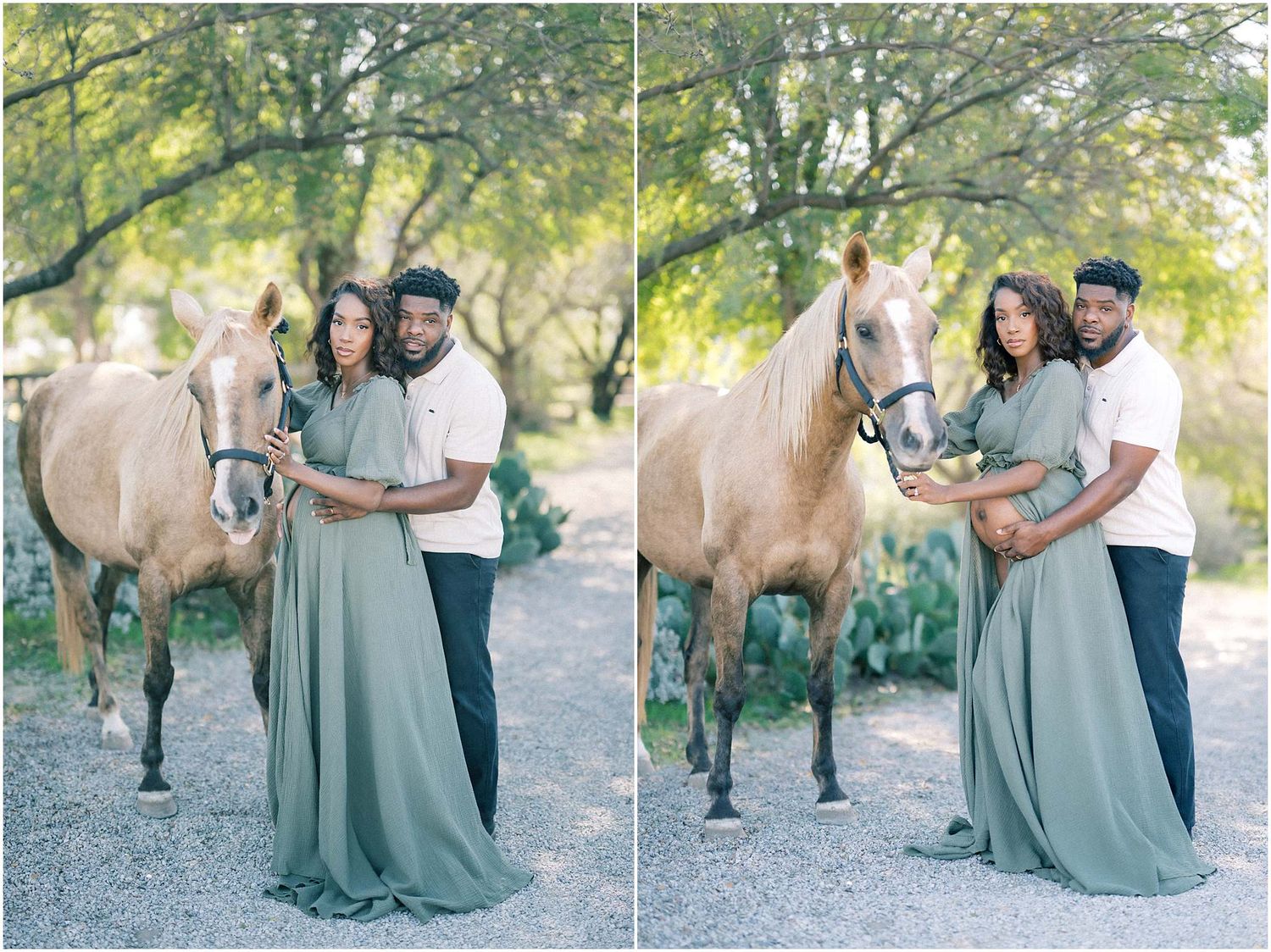A romantic couple's photoshoot with a brown horse in a natural outdoor setting with trees.