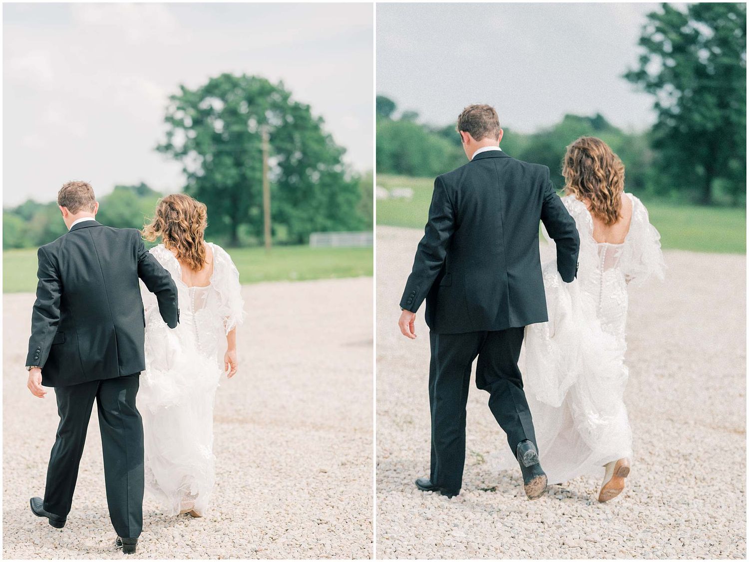 Wedding couple walks together on a gravel path surrounded by green countryside.