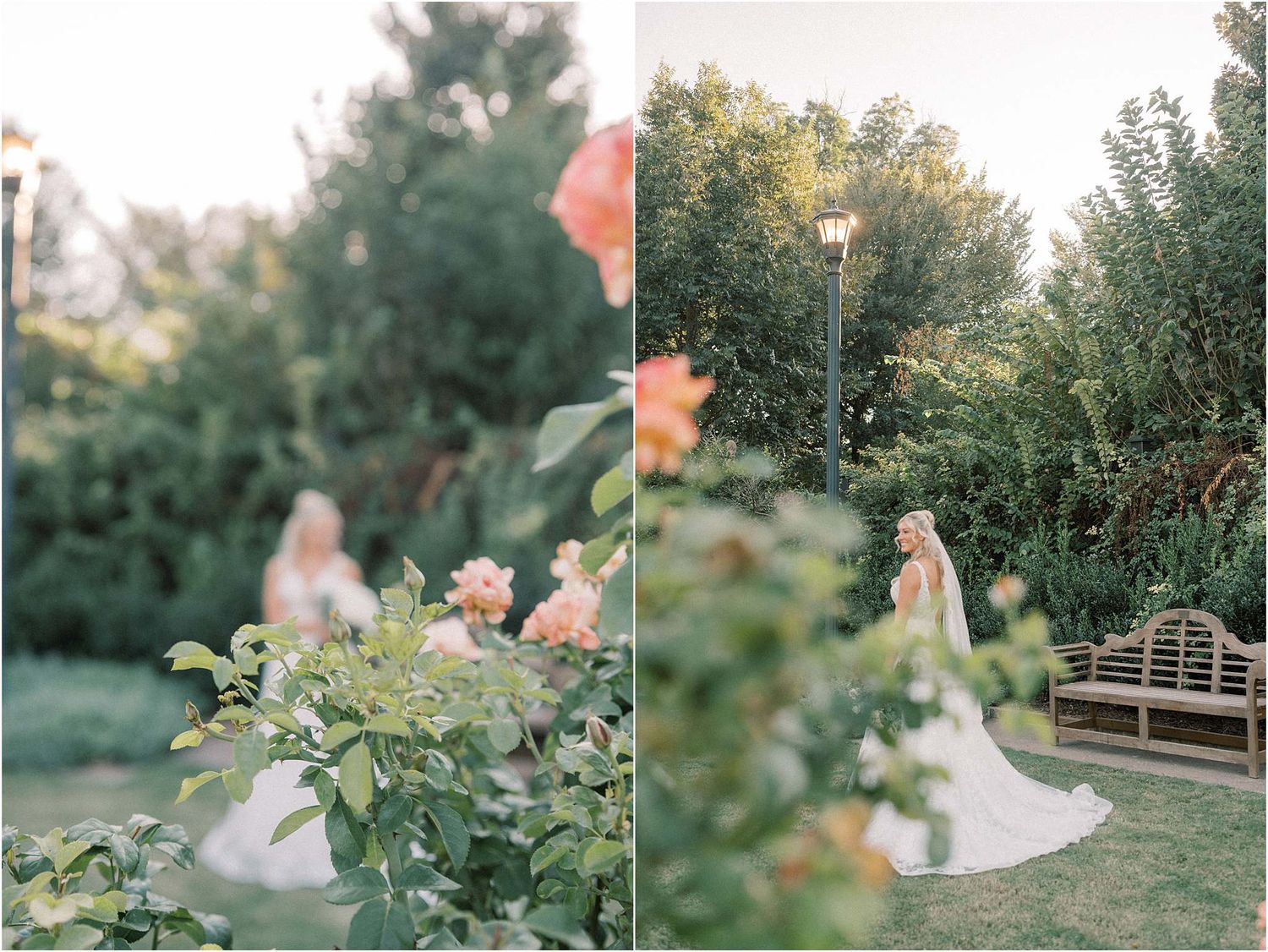 Dreamy bridal portraits captured through garden foliage during golden hour.