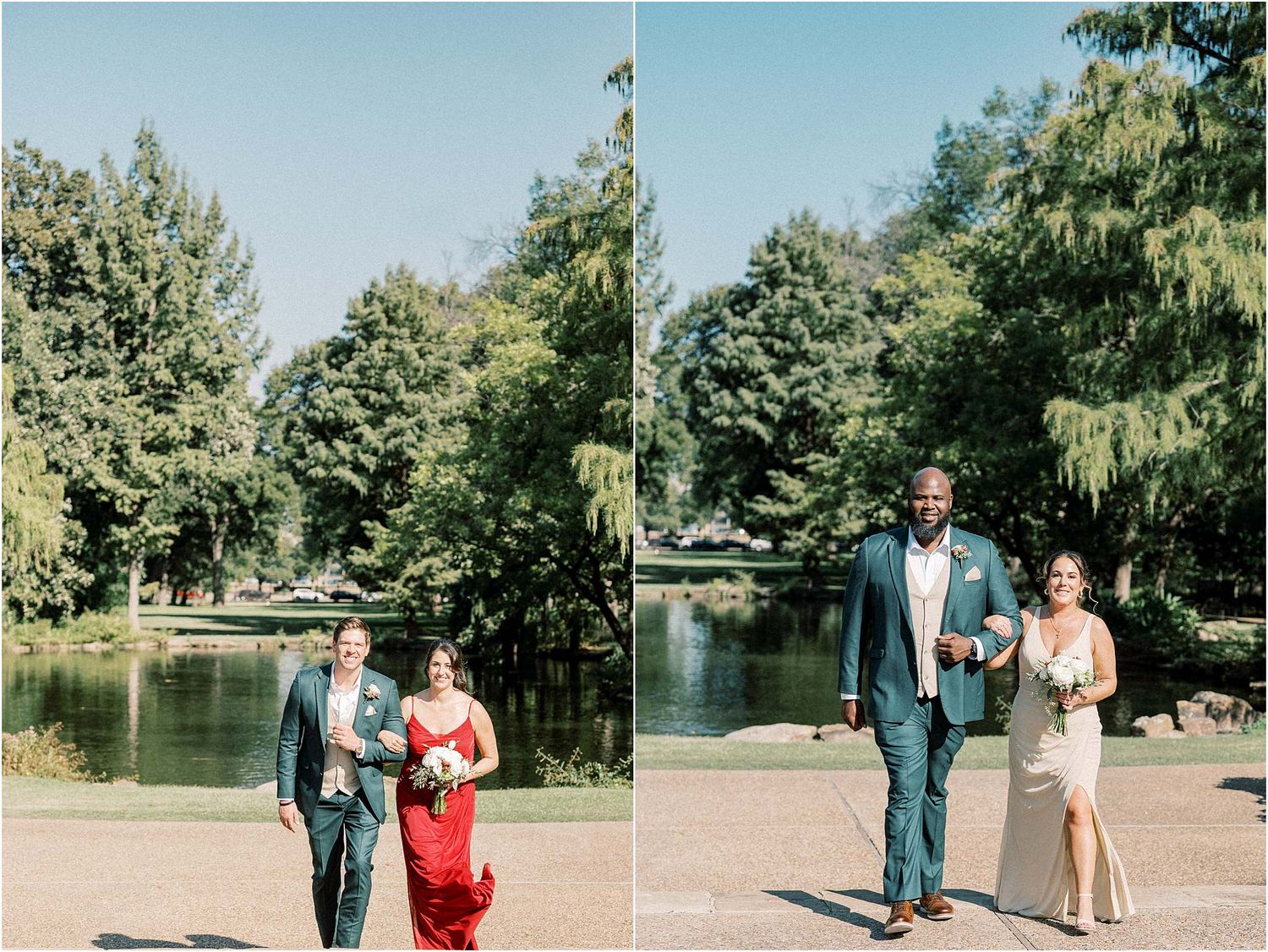 Wedding party members walking along a garden path near a pond on a sunny afternoon.