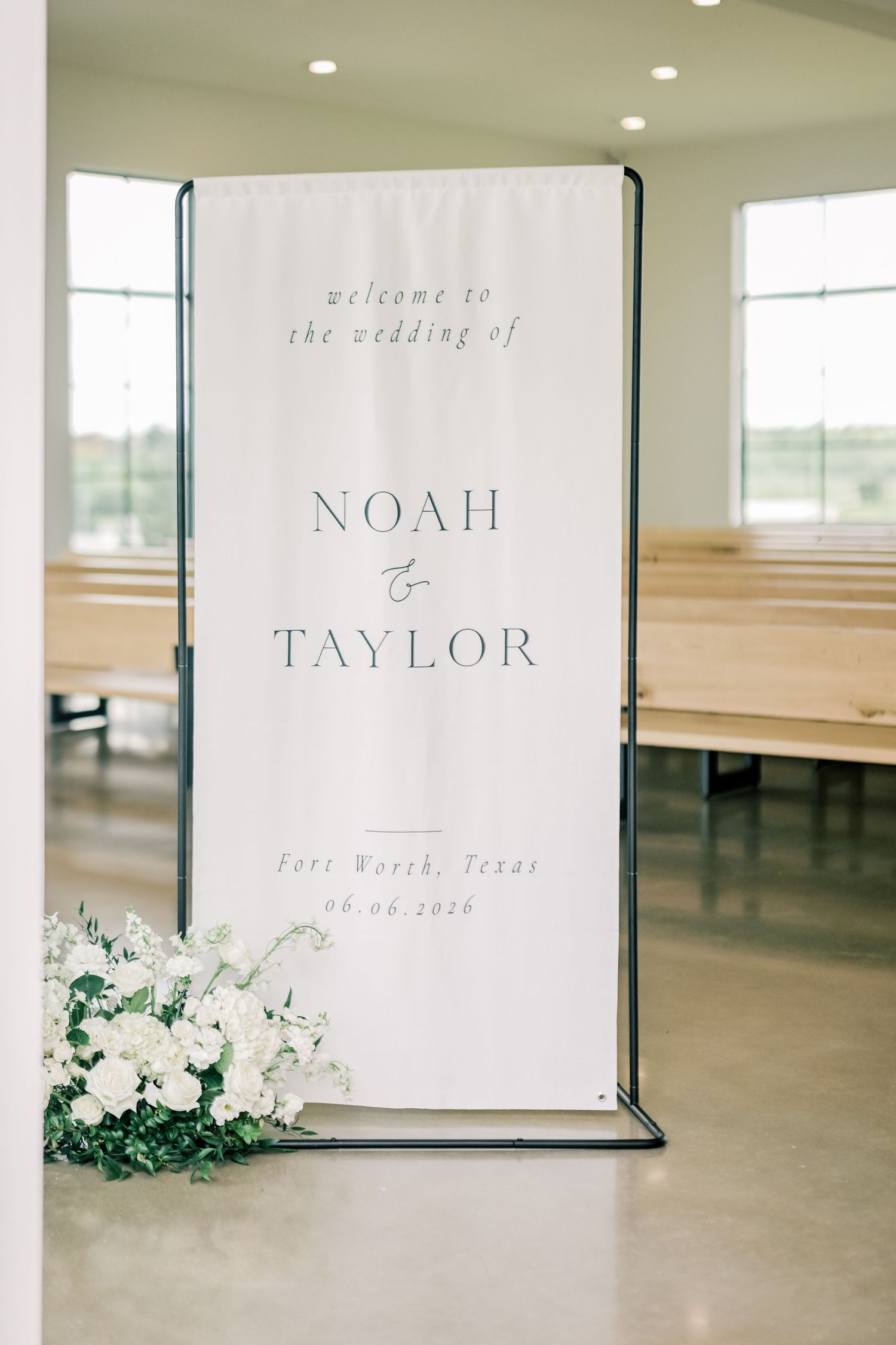 Elegant wedding welcome banner for Noah and Taylor in Fort Worth Texas on 06.06.2026.