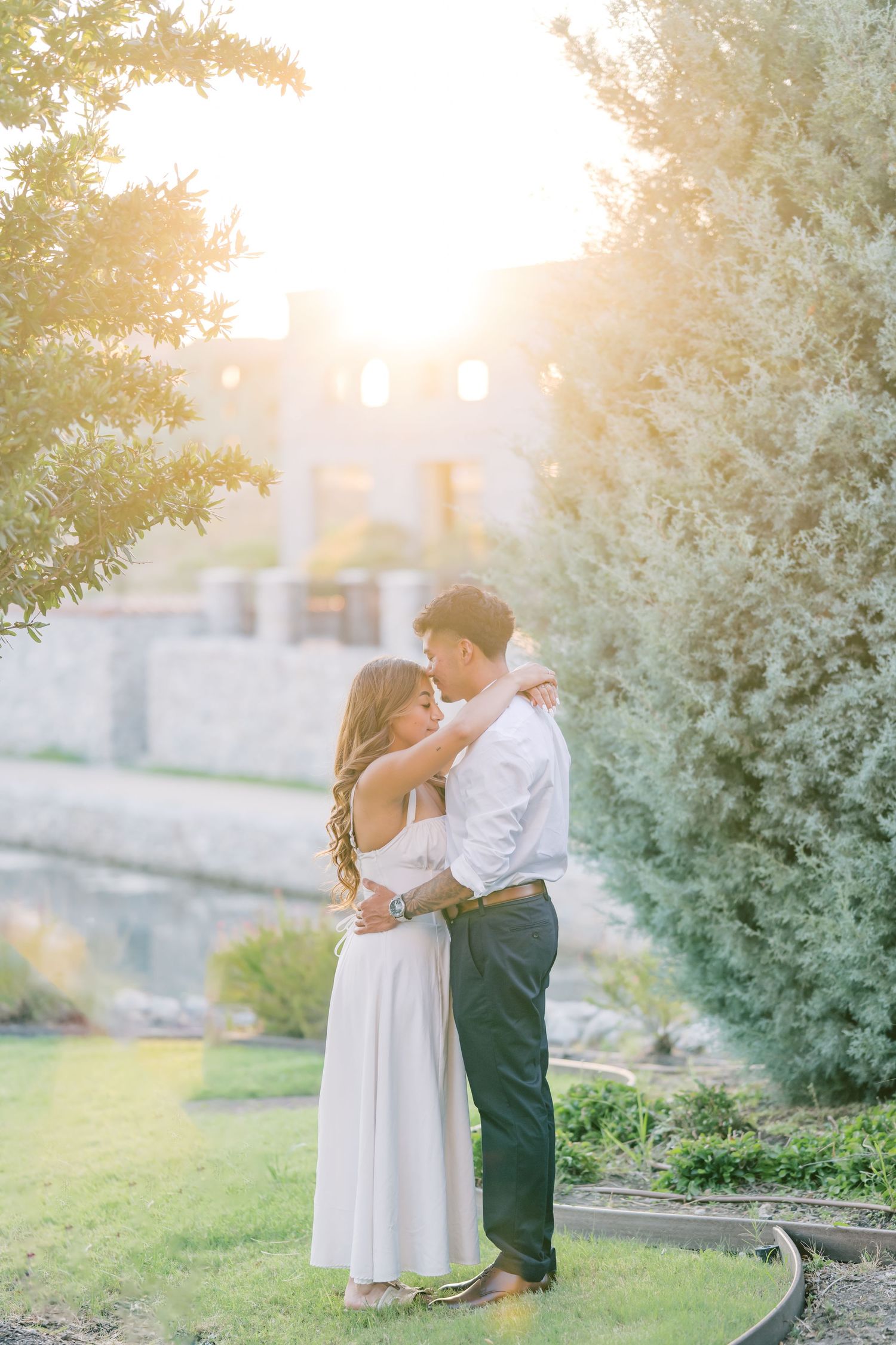 Couple embracing in golden sunset light surrounded by lush greenery during engagement session.