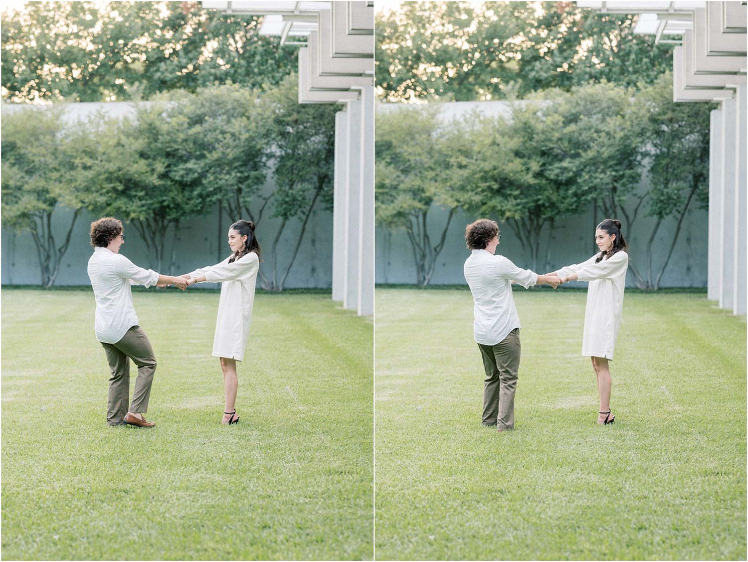 A couple poses playfully in a grassy outdoor setting with white columns in the background.