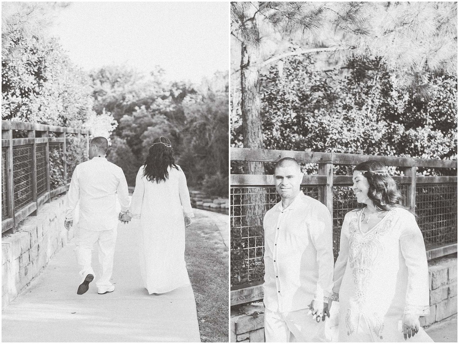 Black and white photos of a couple in white attire walking through a garden setting.