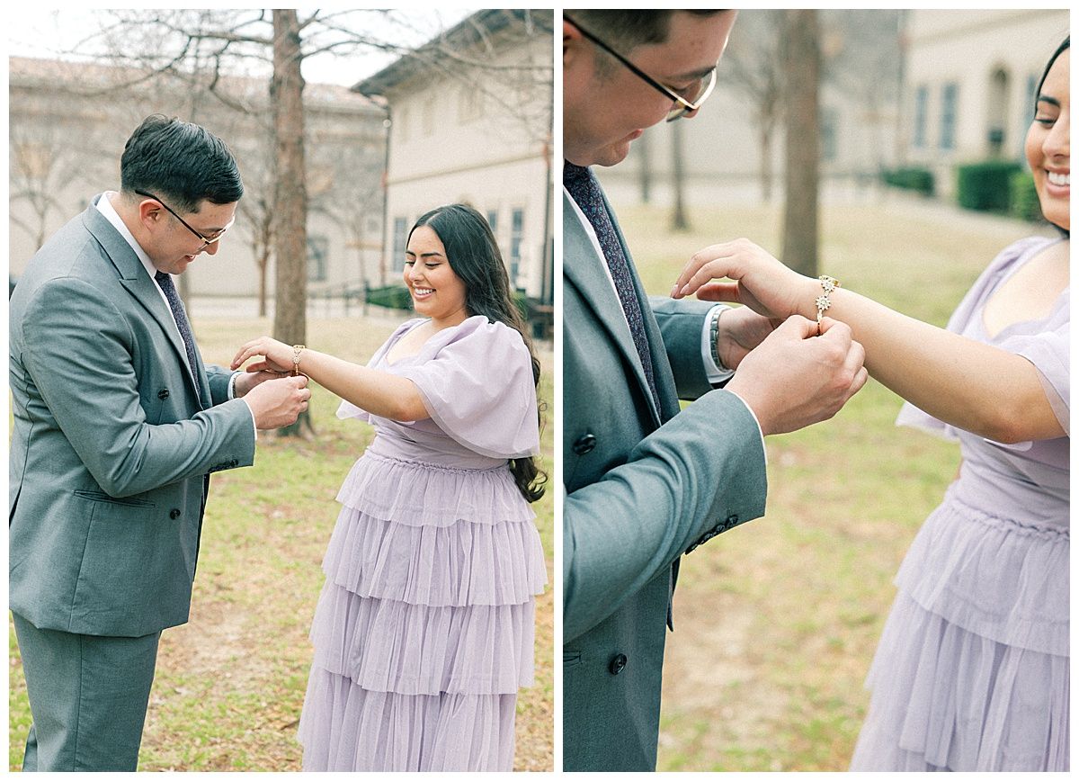 A couple in formal attire shares a romantic moment outdoors, with the person wearing a flowing lavender dress.
