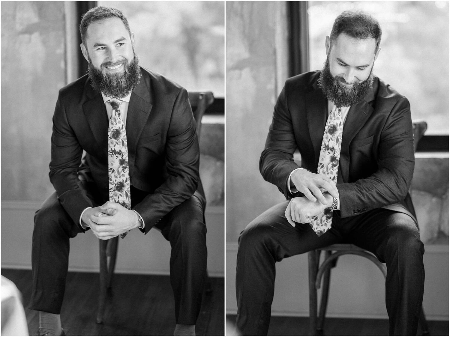 Black and white photo series showing someone seated in formal attire looking at their phone.